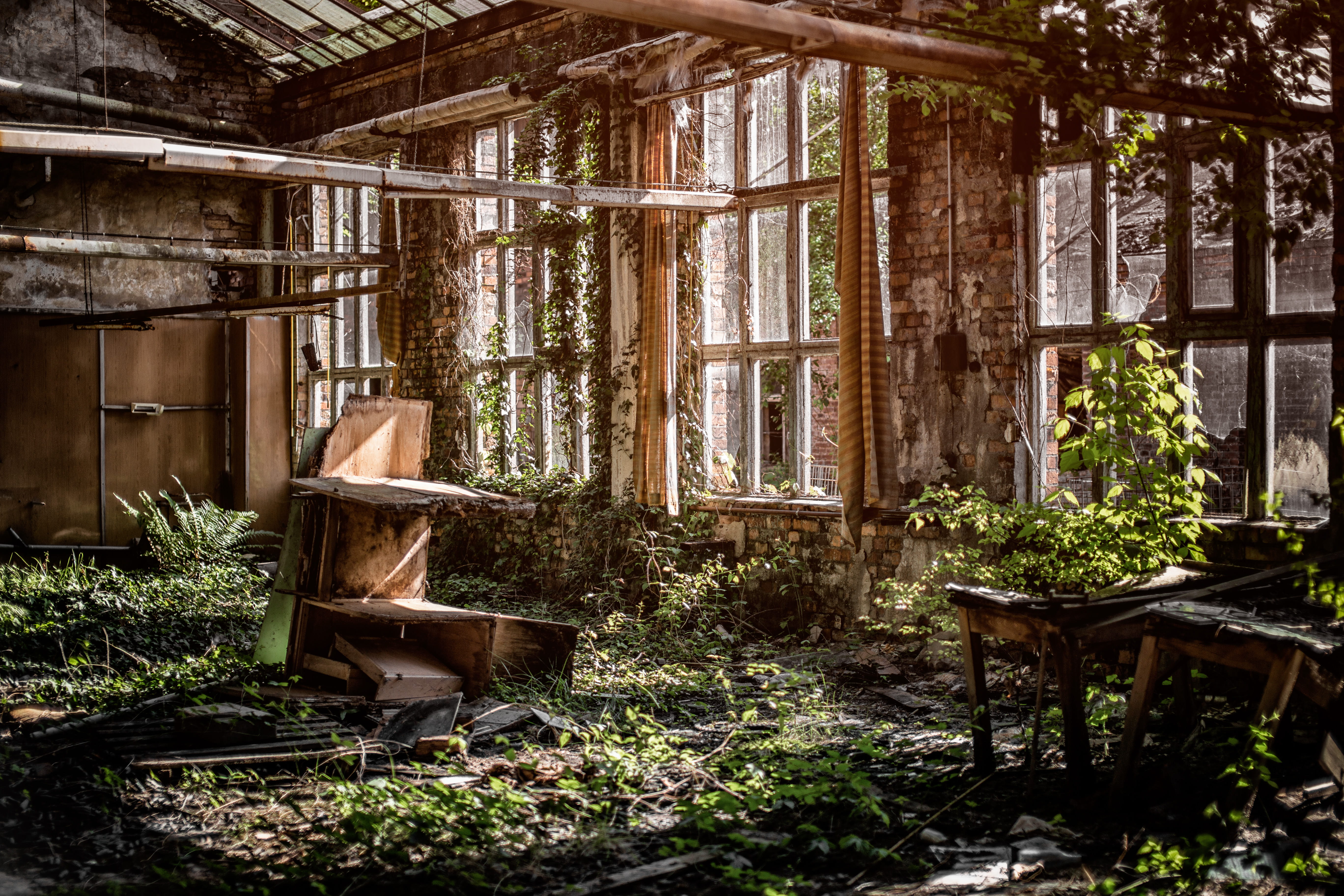 outdoors, pottery, lost places, messy, seat, jar, furniture, day, wooden, damaged, abandoned, windows, overgrown, no people, 5K, germany, ruined, chair, HD Wallpaper