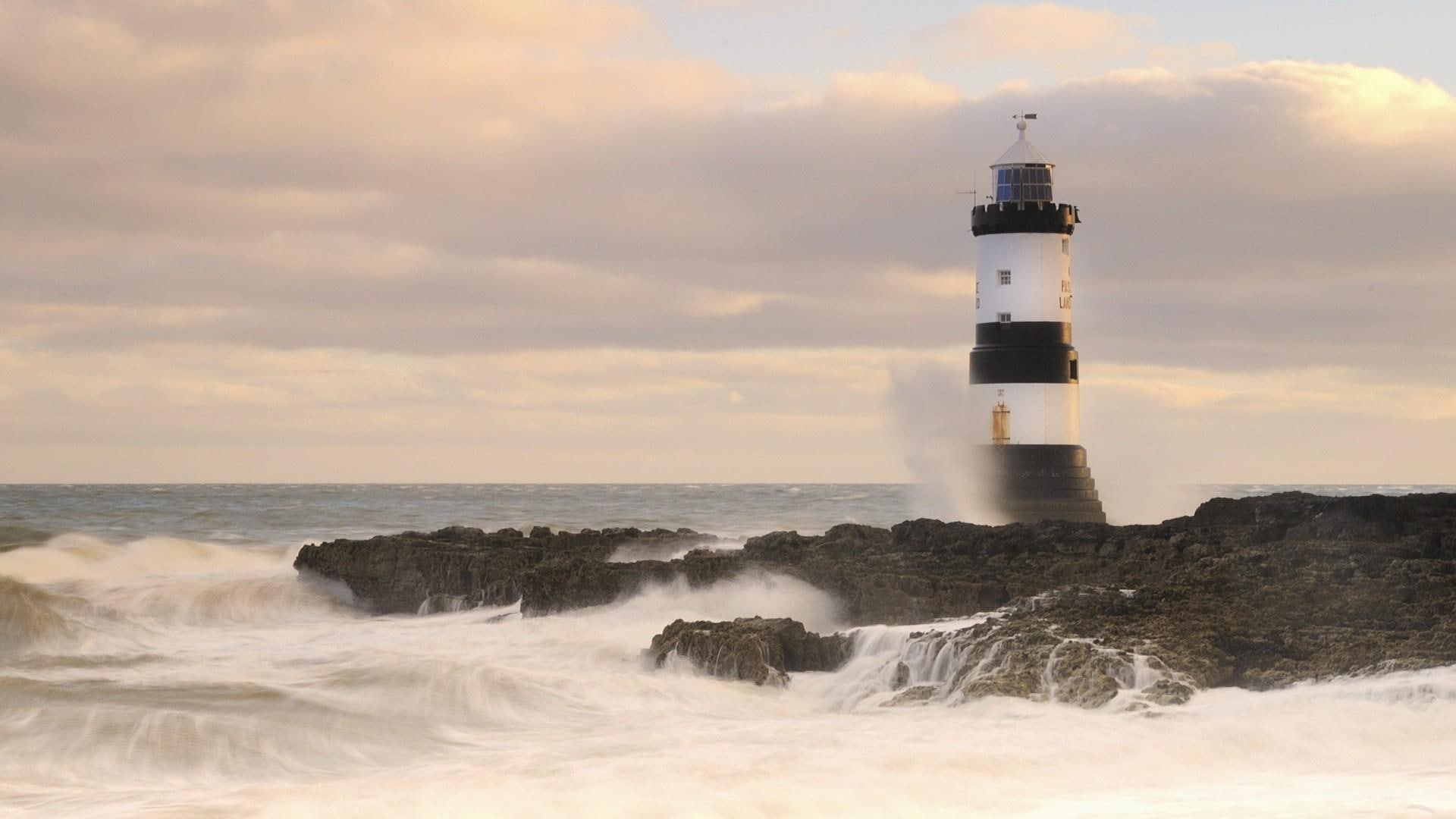 1080P, rough, shore, lighthouse, cost, waves, black, rocks, white, nature and landscapes, wales, HD Wallpaper