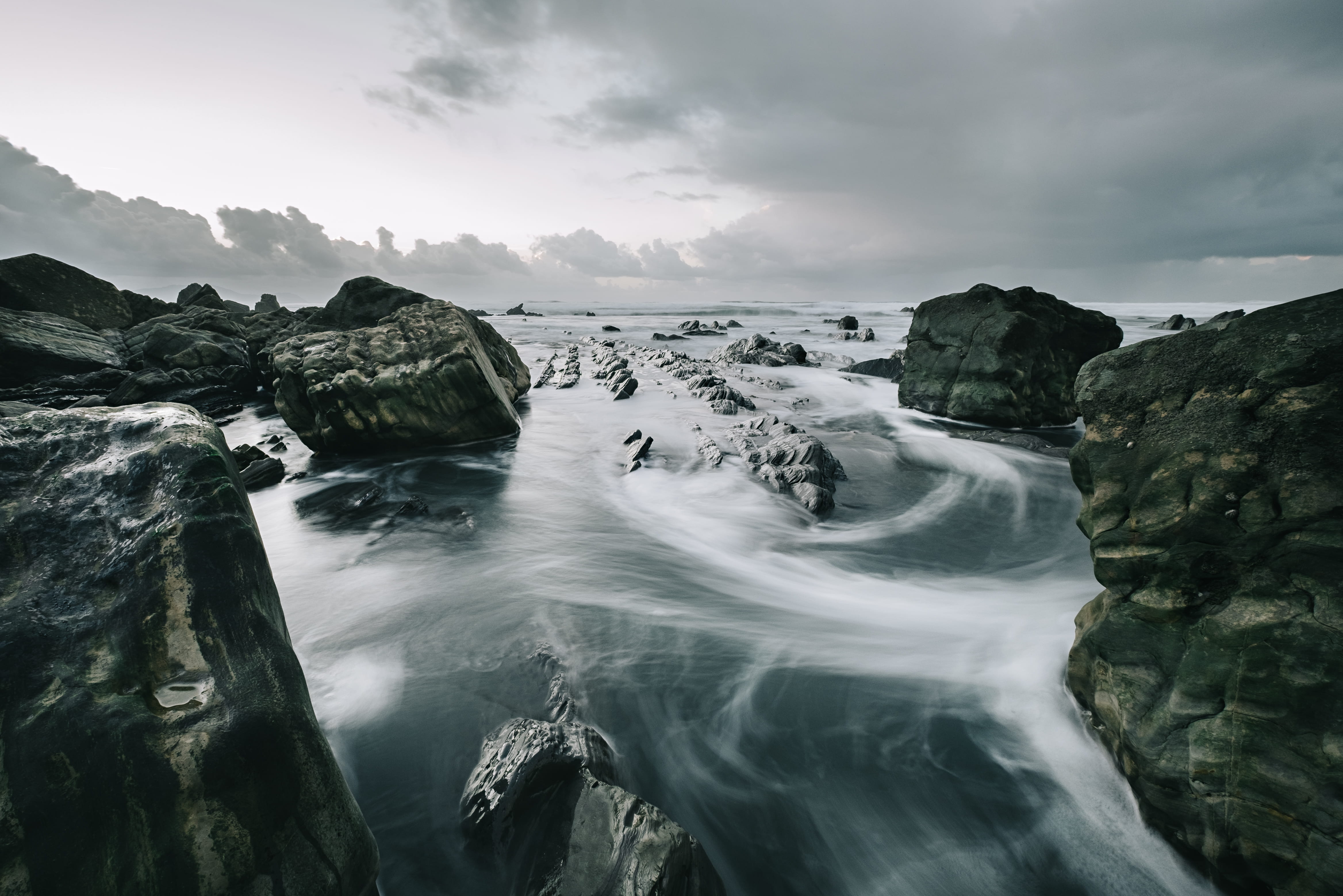 long exposure, bodies, large, outdoors, body, rock - object, cloud - sky, sky, 4K, blurred motion, nature, tranquil scene, flowing, solid, flysch, rocks, HD Wallpaper