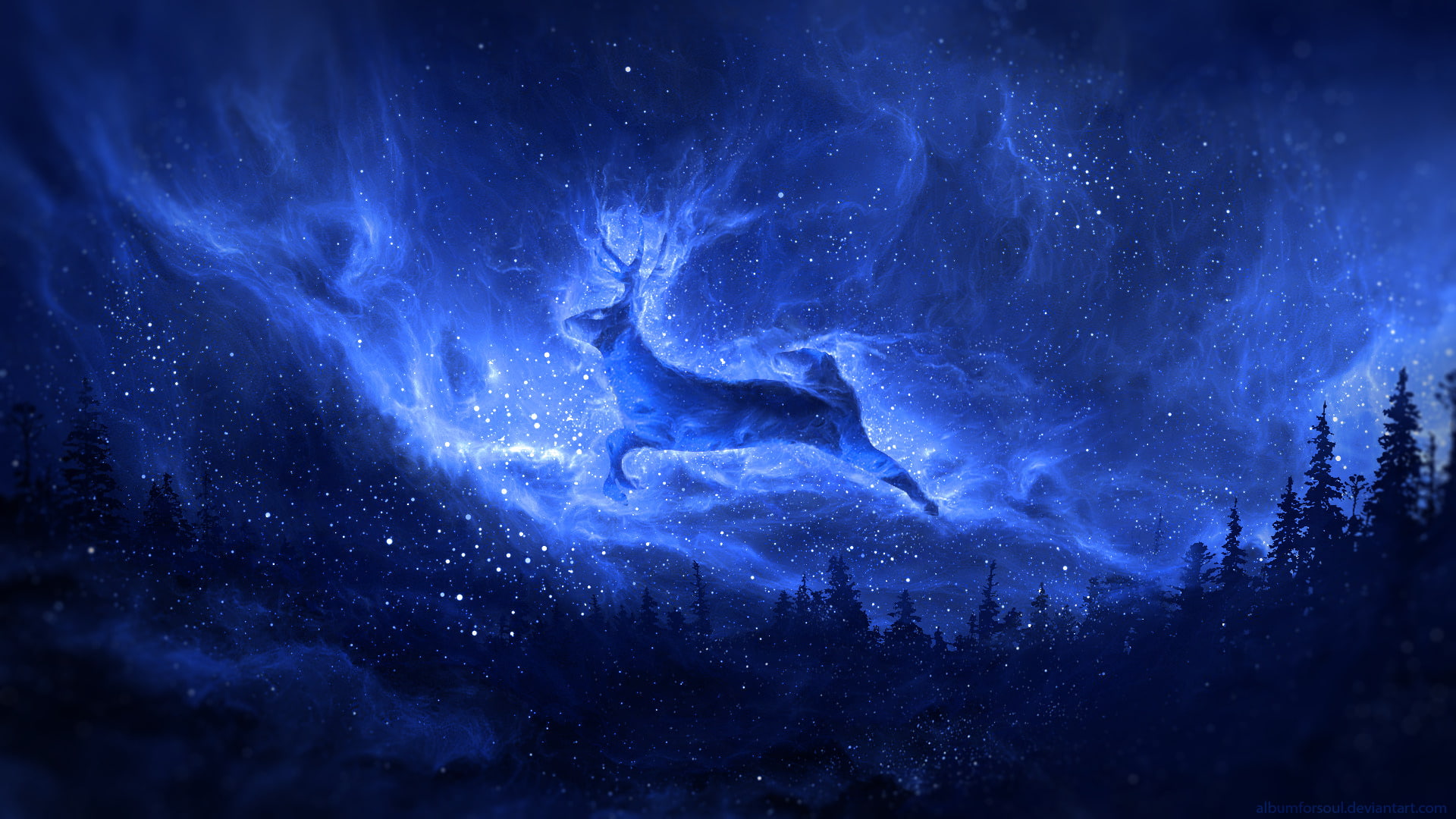 Spirit, Night, Deer, Fantasy Animals, Sky, 1080P, Blue, Stars, HD Wallpaper