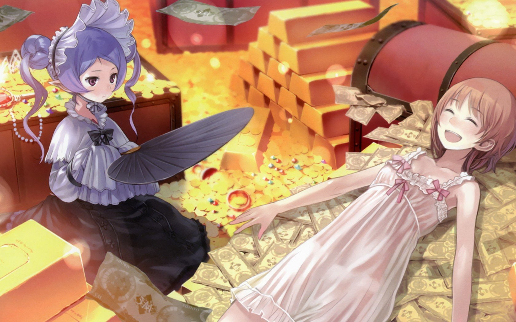 girls, hom, multicolor, gold, 720P, totori, rorona, female, money, kishida, anime, mel, atelier, fryxell, rororina, cash, HD Wallpaper
