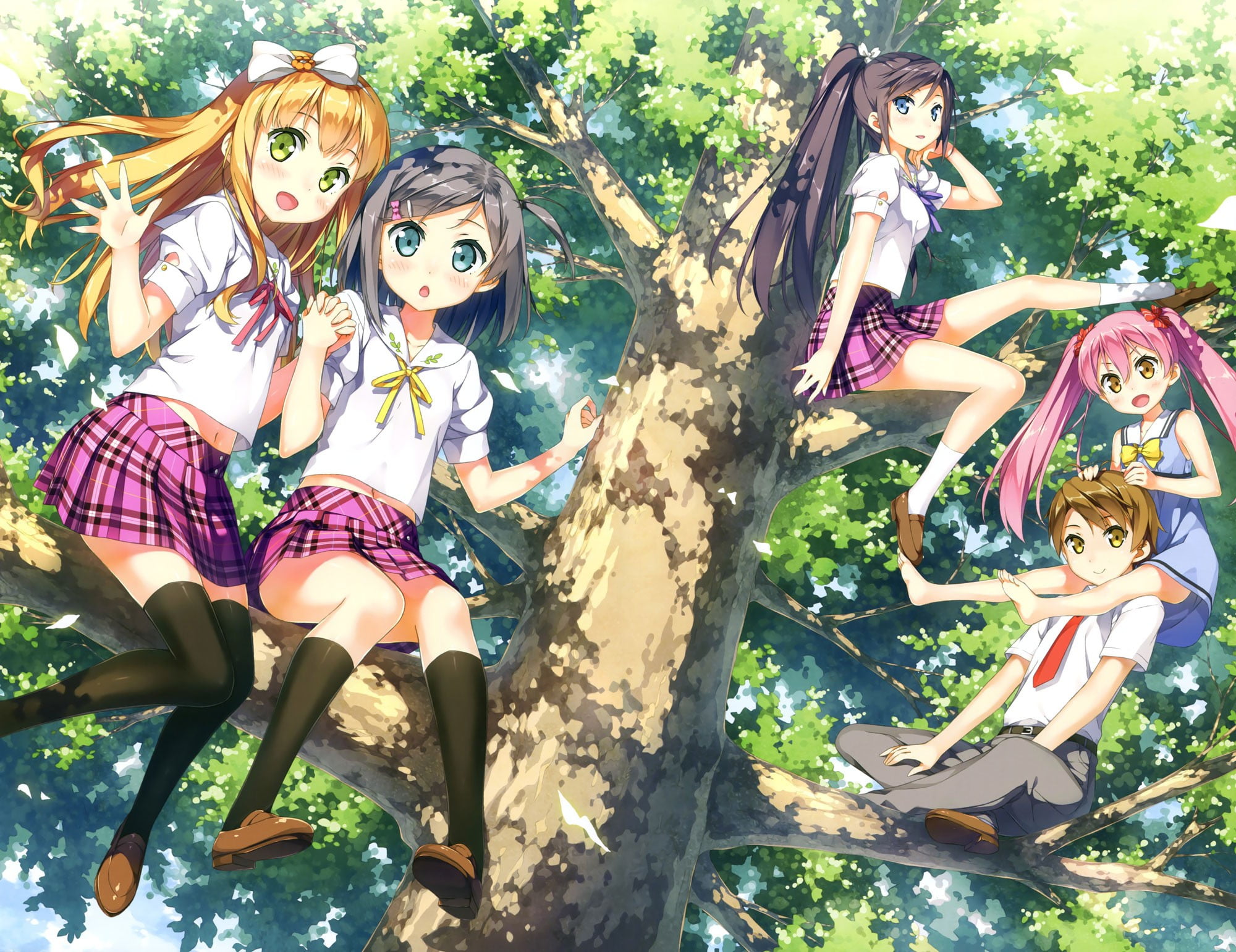 Tsutsukakushi Tsukushi, tree, female, anime girls, sunlight, outdoors, young women, sister, portrait, nature, lifestyles, anime, hairstyle, 1080P, looking at camera, HD Wallpaper