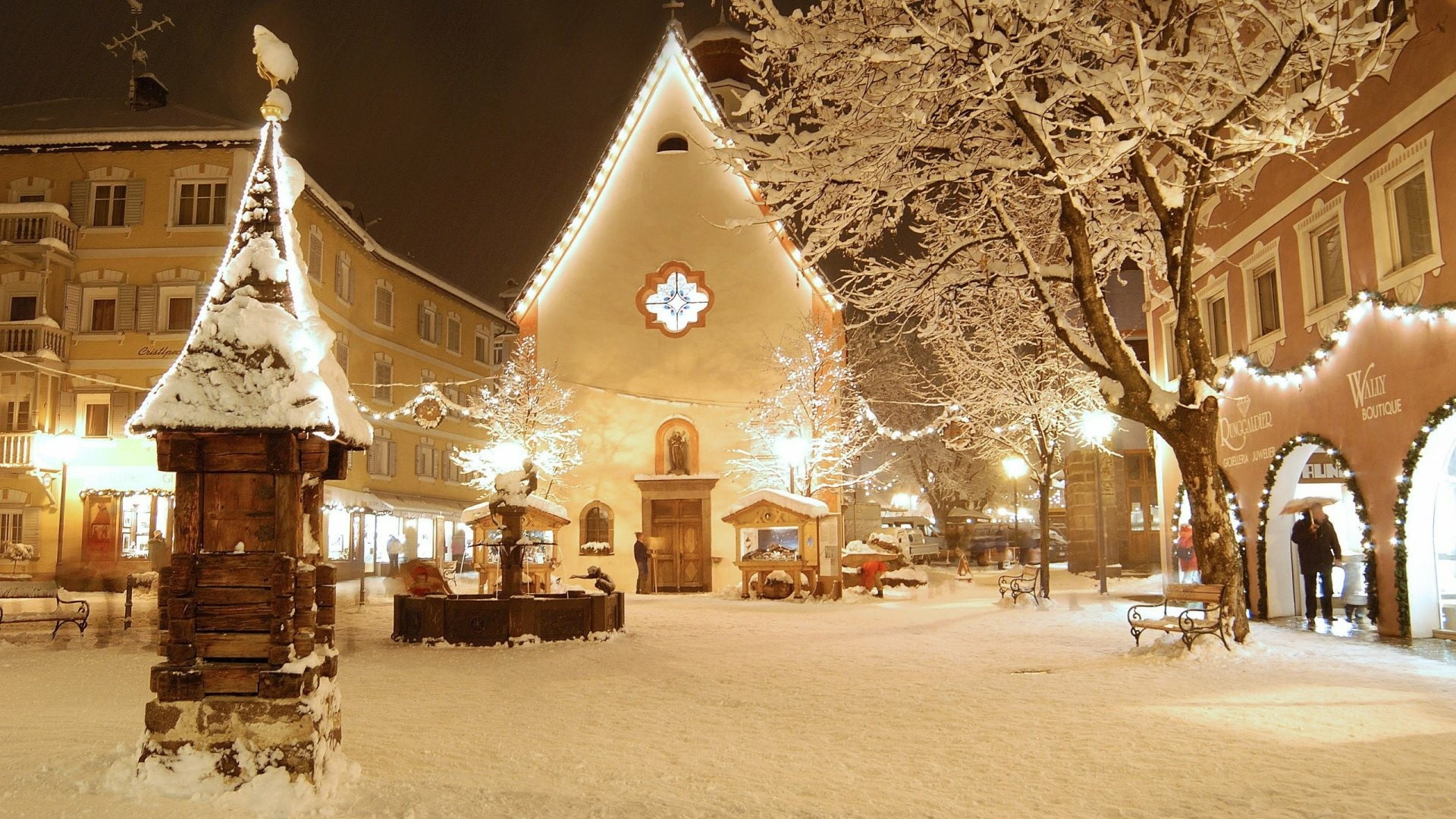 celebration, lighting equipment, snow, cold temperature, christmas lights, holiday, architecture, evening, street, city, plaza, wood, house, building, night, HD Wallpaper