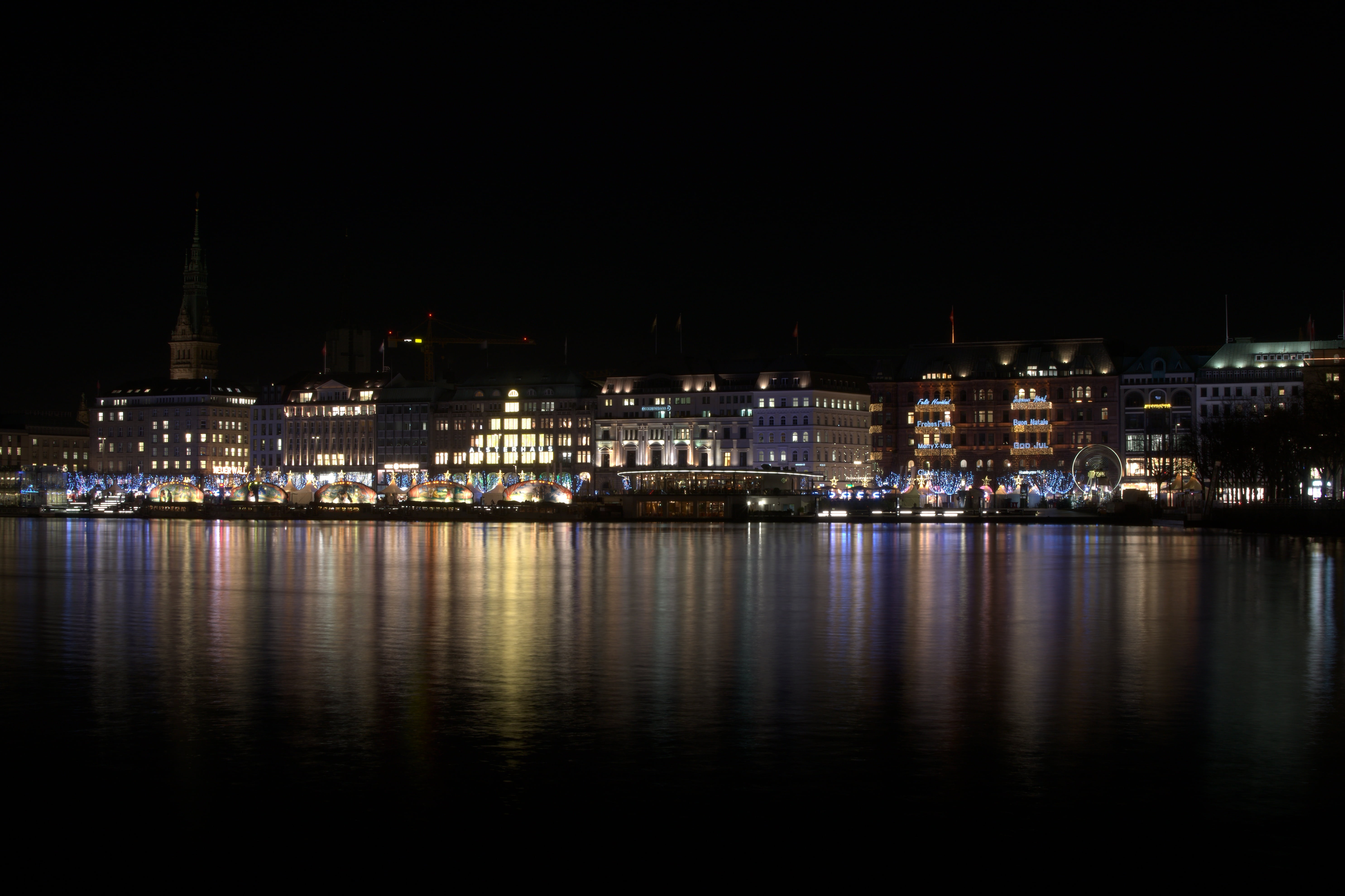 cityscape, reflection, architecture, nature, water, night, alster, illuminated, skyscraper, hamburg, no people, 5K, copy space, sky, building exterior, HD Wallpaper
