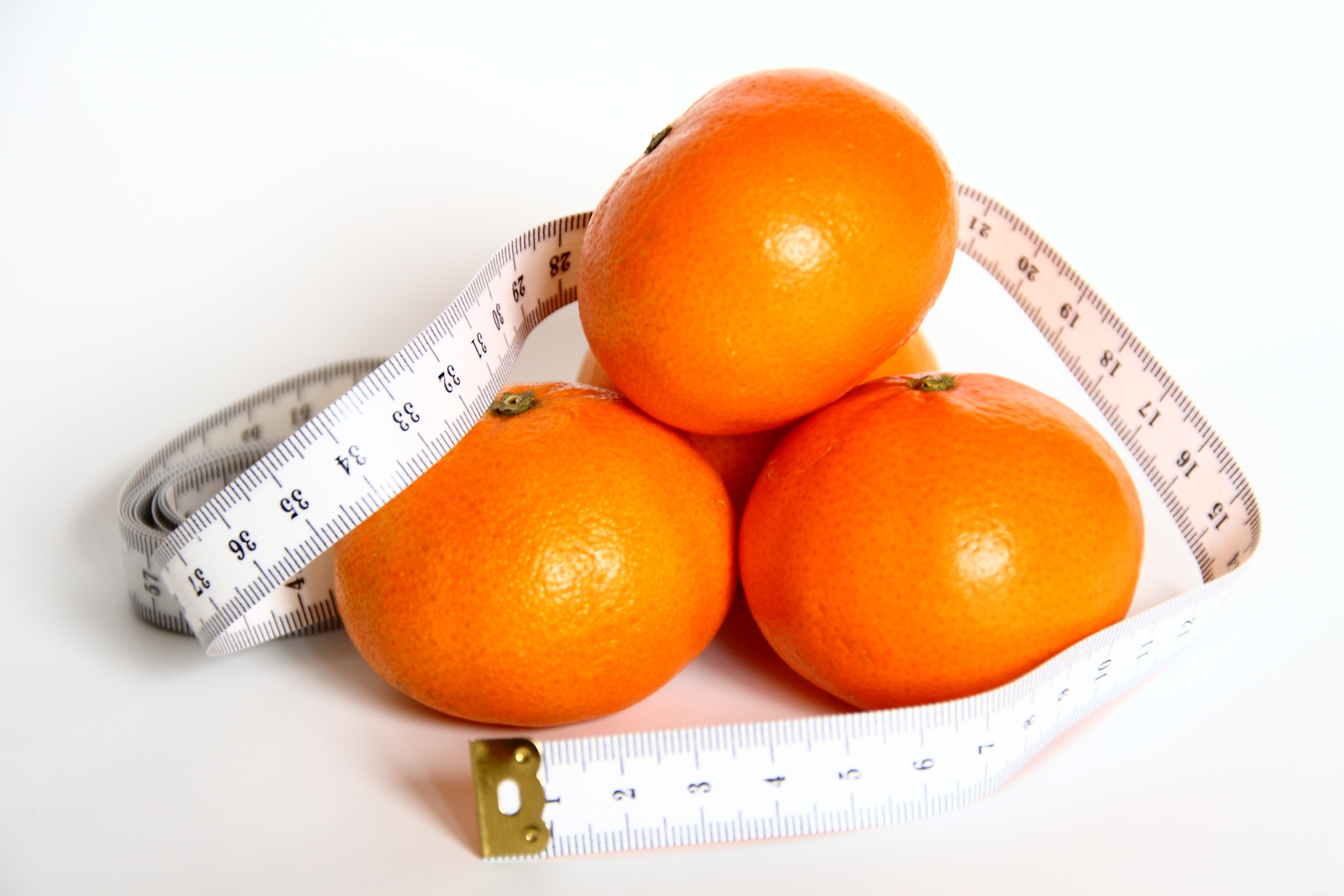 close-up, cut out, dieting, orange, wrap, white, meter, instrument of measurement, tape, fruits, fruit, freshness, food, weight, white background, tape measure, HD Wallpaper
