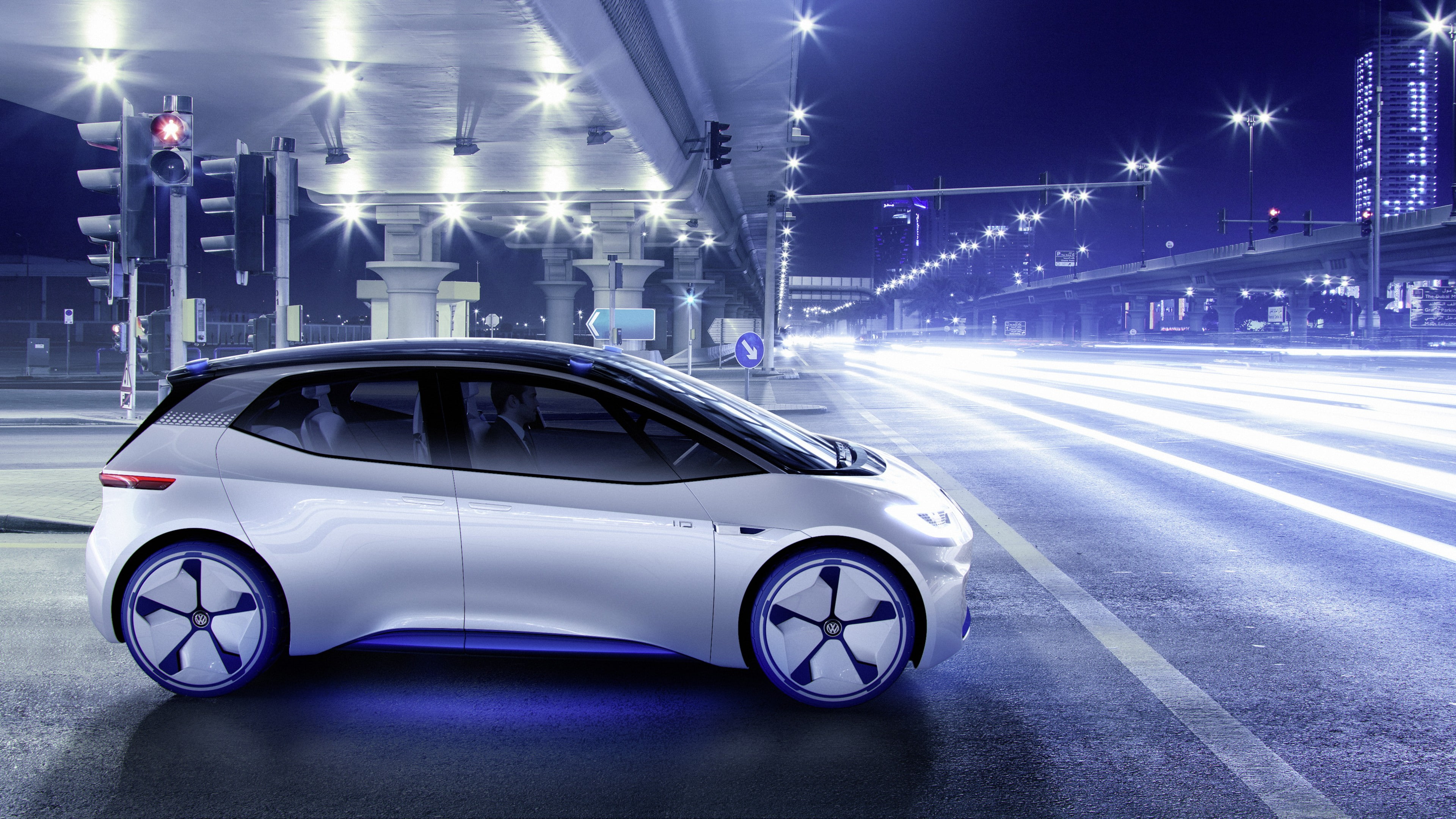 hatchback, silver, light, traffic, nighttime, near, CES 2017, 4K, Volkswagen I.D., door, concept, HD Wallpaper