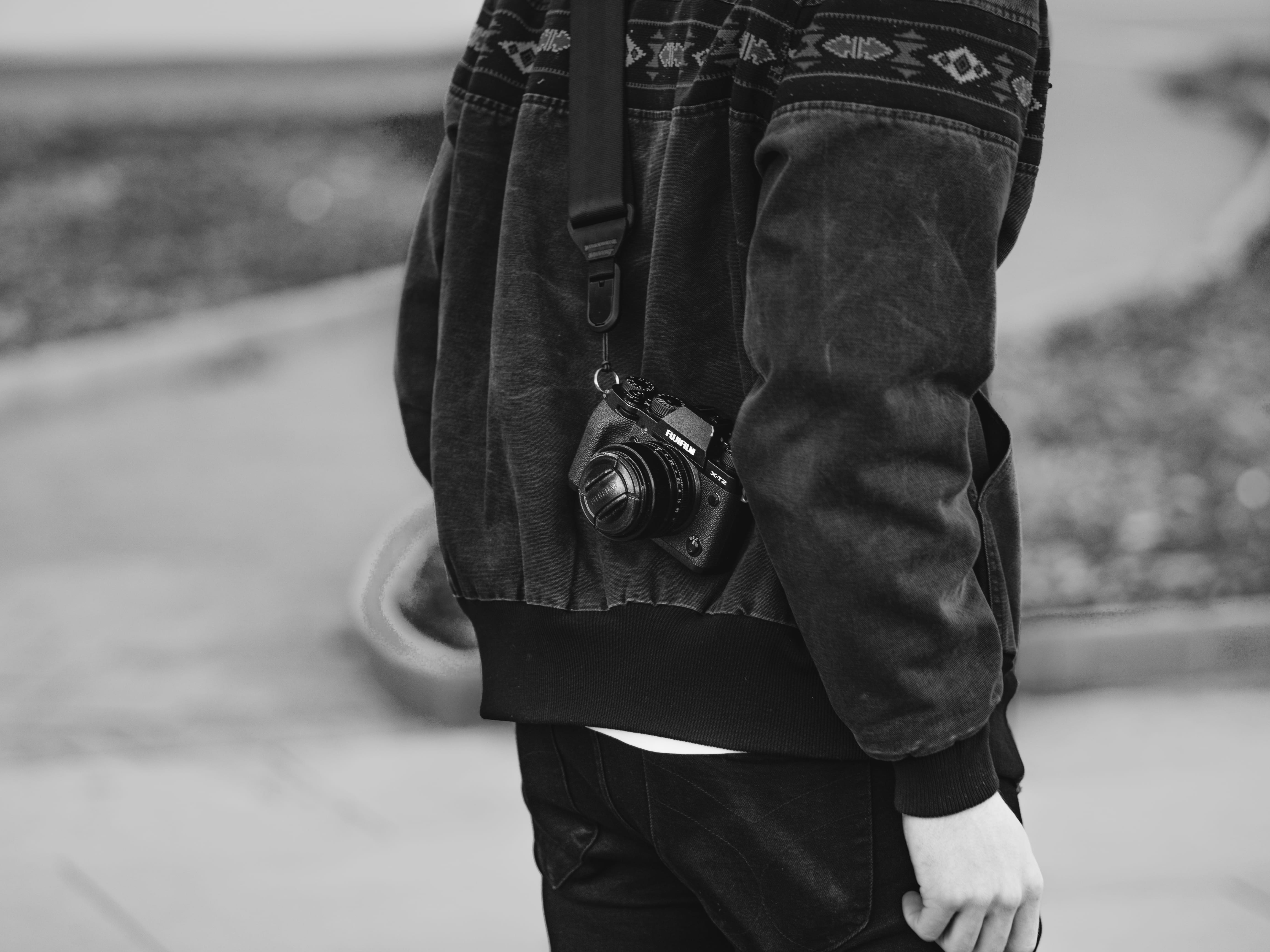 fujifilm, fashion, holding, day, street, photography, one person, black and white, urbex, camera - photographic equipment, urban, focus on foreground, standing, HD Wallpaper