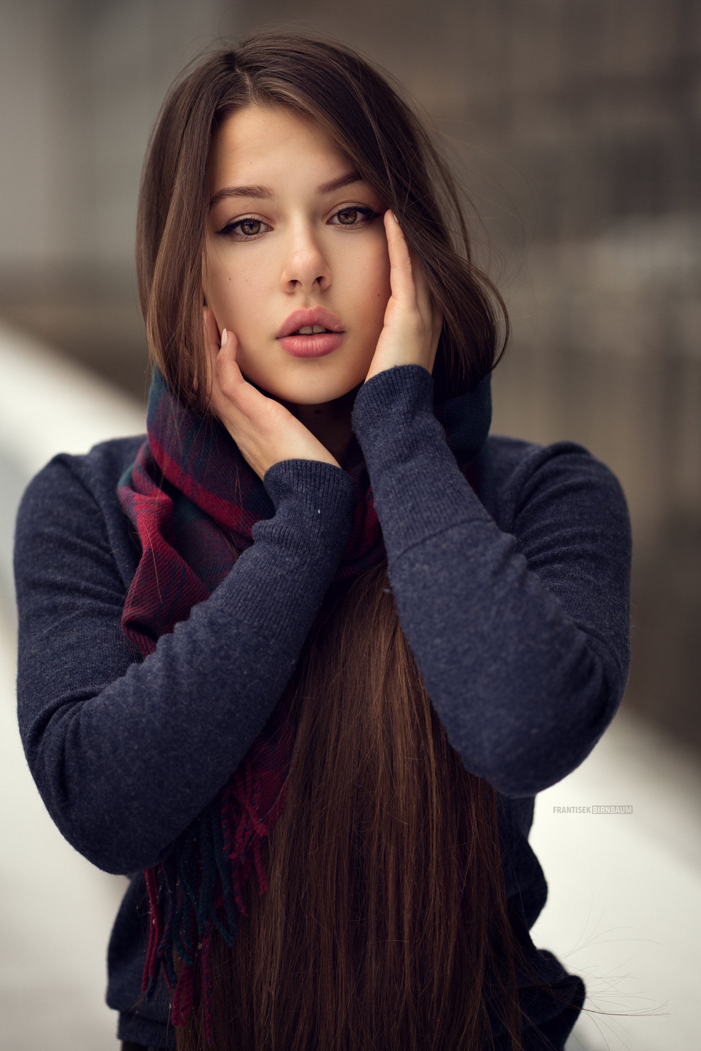 brunette, pink lipstick, juicy lips, brown eyes, portrait, looking at viewer, hand on face, 1080P, depth of field, women outdoors, touching face, Frantisek Birnbaum, Phone HD Wallpaper