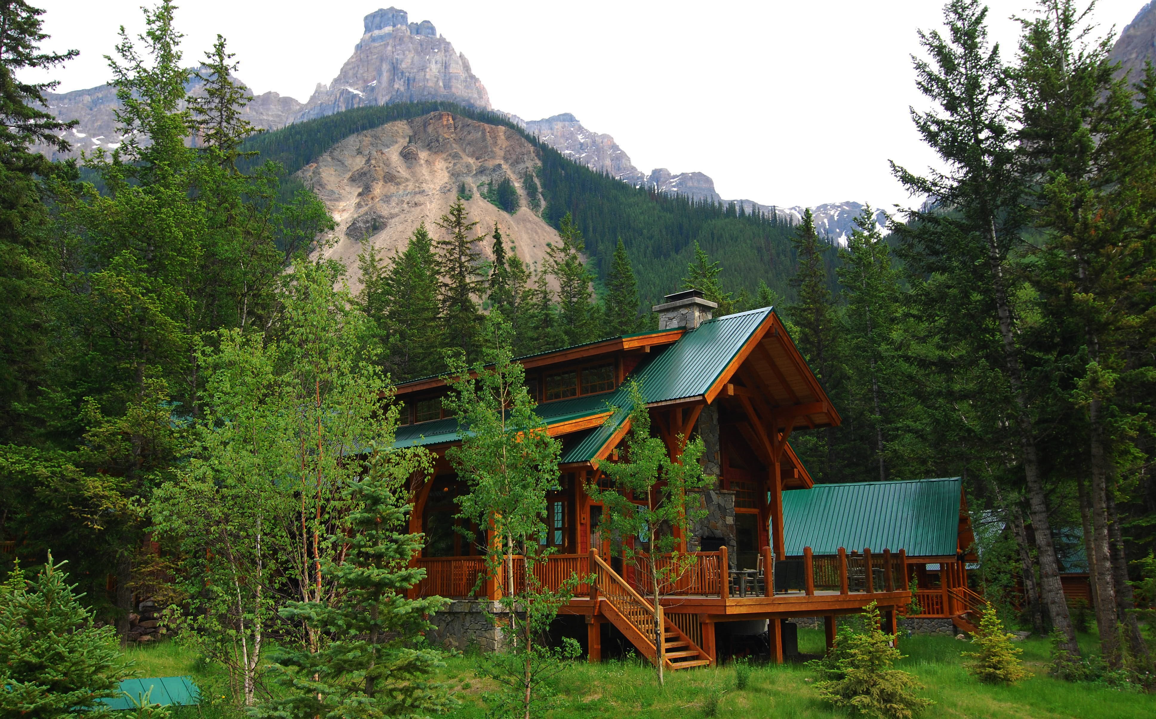 no people, trees, Alberta, architecture, sky, day, beauty in nature, mountains, plant, forest, built structure, tranquil scene, grass, outdoors, wood - material, HD Wallpaper