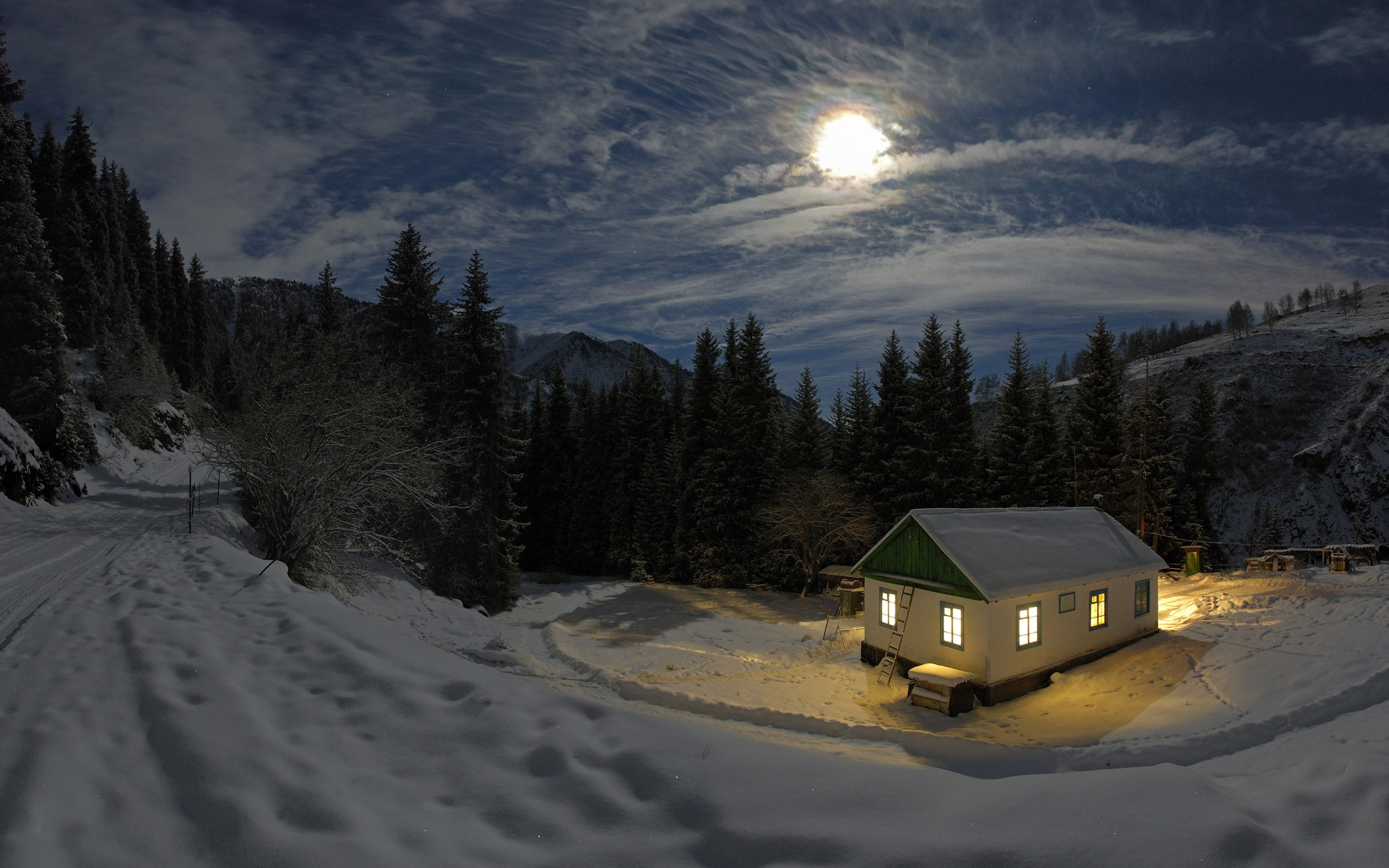 cottage, lodge, land, white color, plant, tree, snowcapped mountain, ice, season, blue, forest, cloud - sky, nature, european Alps, scenics - nature, scenics, HD Wallpaper