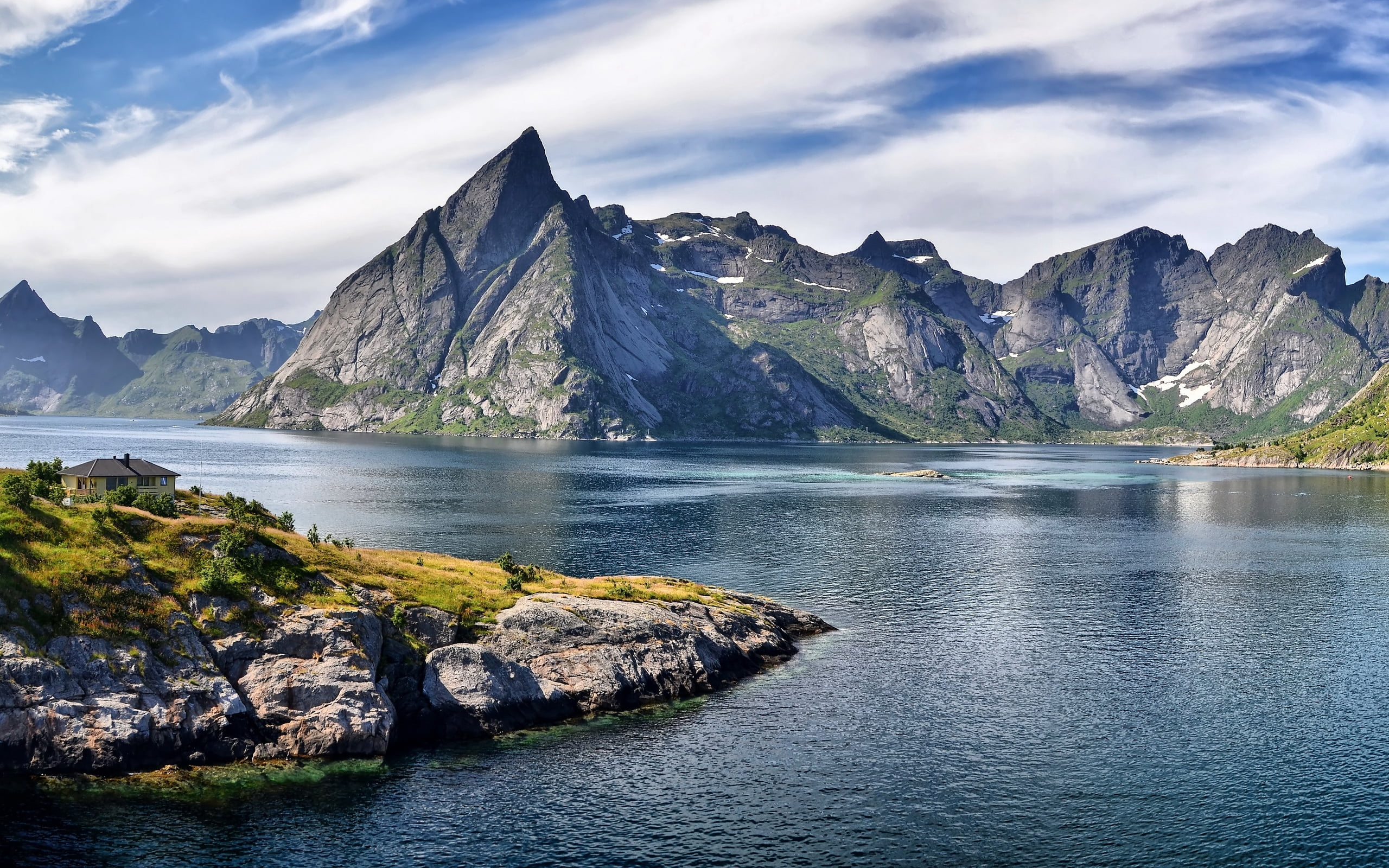 sea, blue, reflection, rocks, dolomites, journey, lofoten, mountains, landscape, gray, water, cliff, tranquility, day, sunlight, outdoors, height, norway, HD Wallpaper