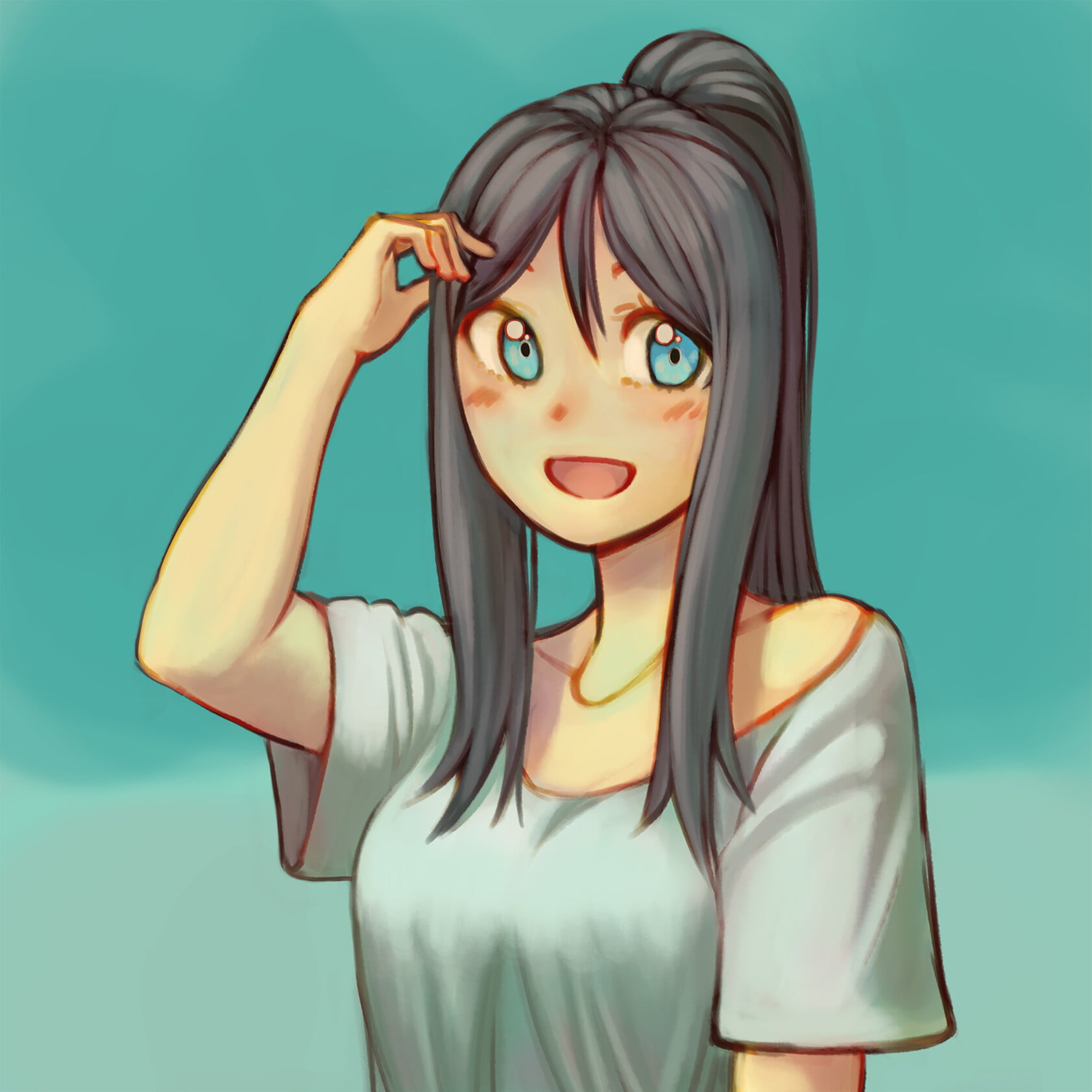 blue eyes, artwork, hair, ArtStation, digital art, touching hair, blue background, face, simple background, white t-shirt, women, drawing, 720P, Chiizu (Artist), Phone HD Wallpaper