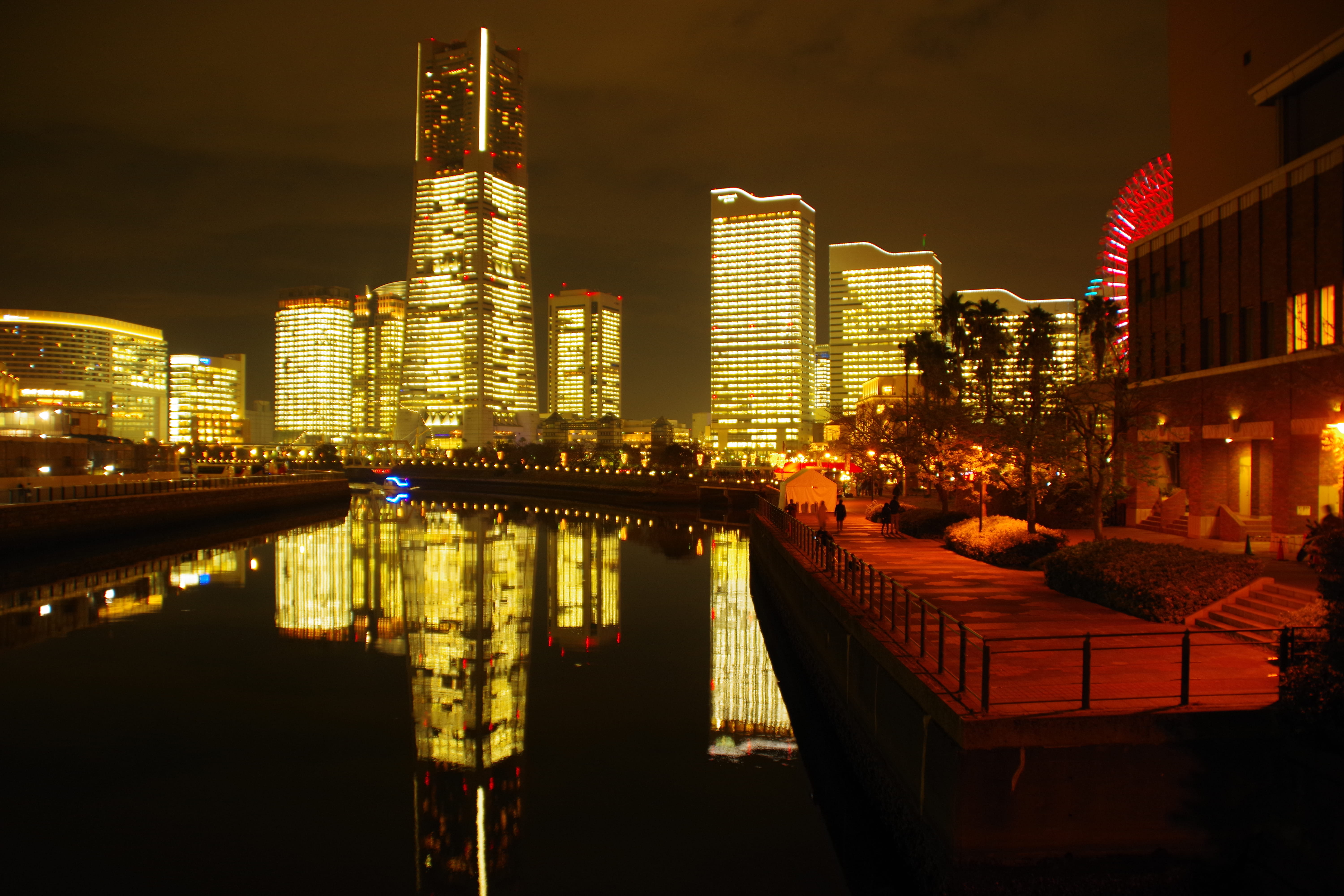 skyscraper, reflection, outdoors, water, financial district, night, building exterior, river, waterfront, town, downtown, dock, nature, building, port, HD Wallpaper