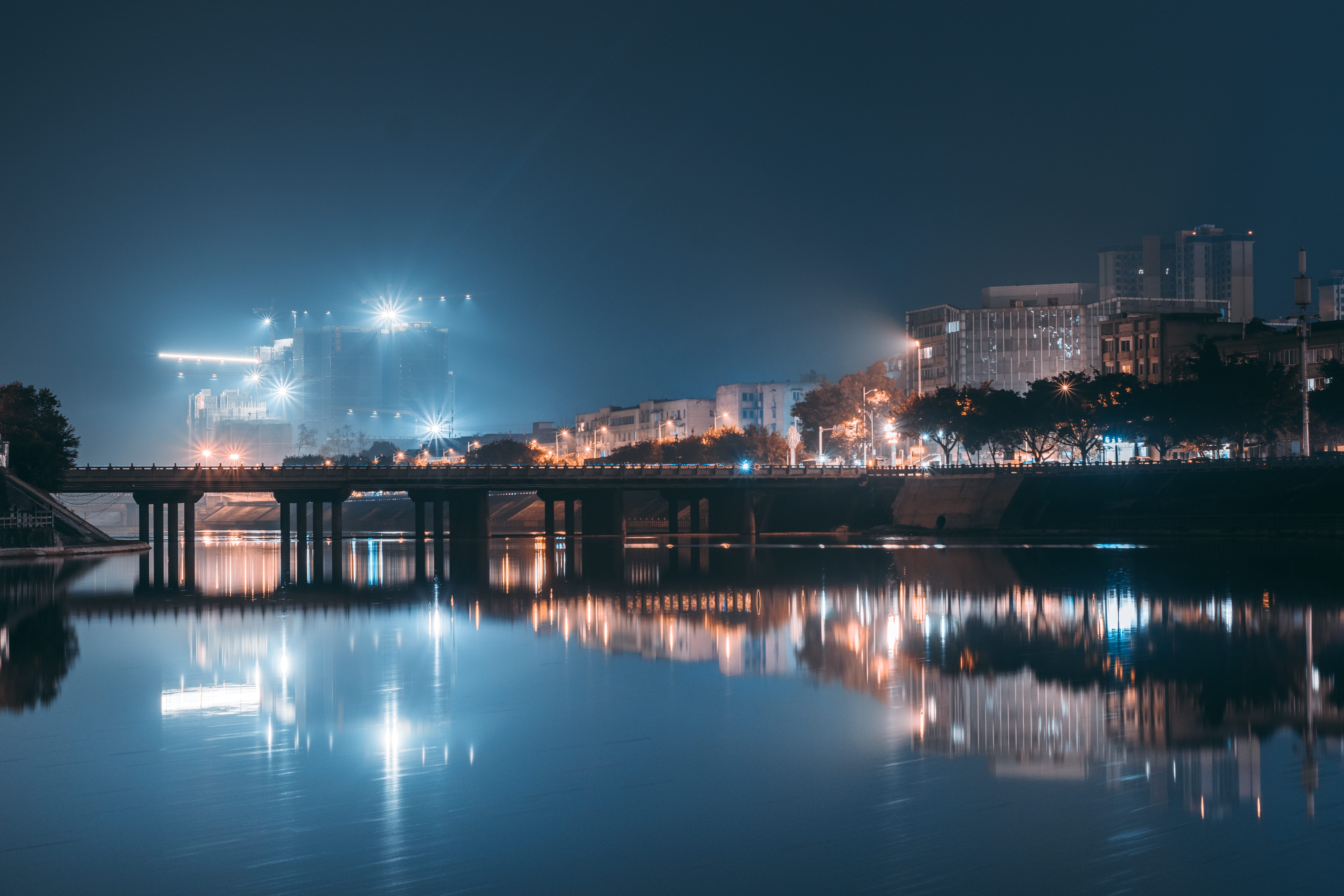 dock, residential district, calm, bridge, building, travel destinations, illuminated, light, skyscraper, body, nature, port, moat, fort, outdoors, power plant, HD Wallpaper