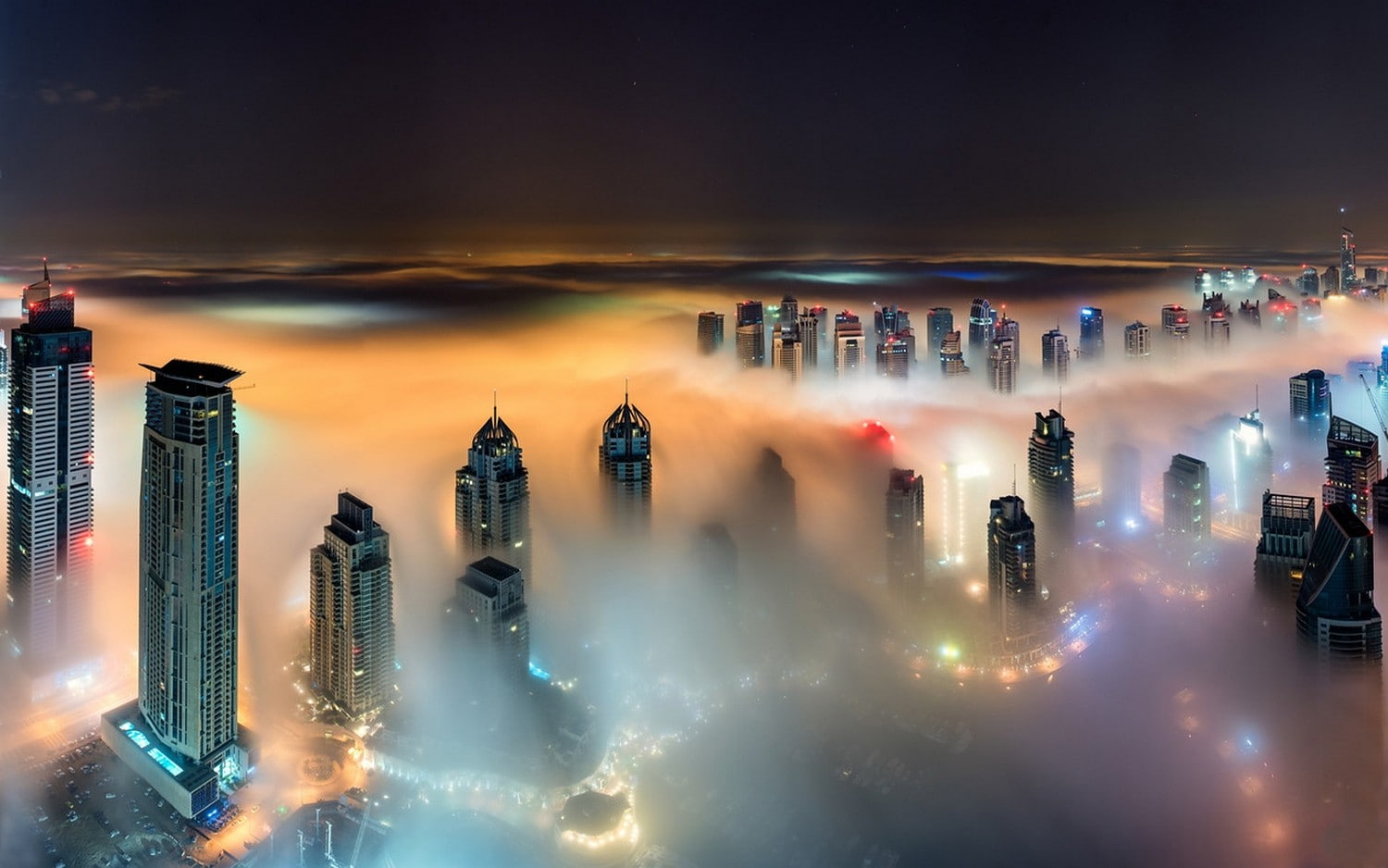 urban, night, mist, United Arab Emirates, lights, skyscraper, cityscape, Dubai, 720P, landscape, building, architecture, HD Wallpaper