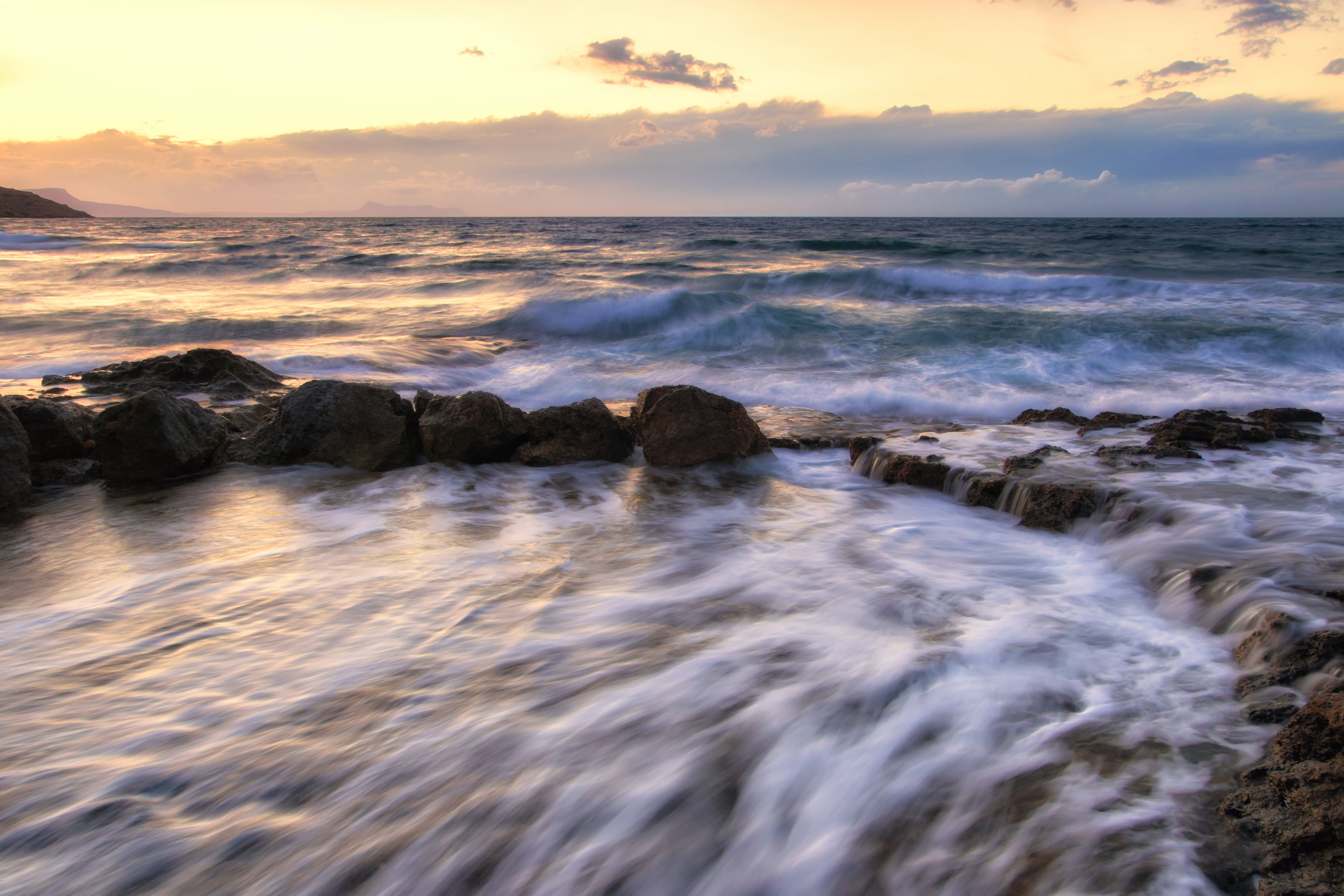 water  wave, outdoors, 5K, panoramic, sky, Κρήτη, body of water, sea, body, θάλασσα, photo, κύμα, rock - Object, dusk, landscape, coastline, movement, HD Wallpaper