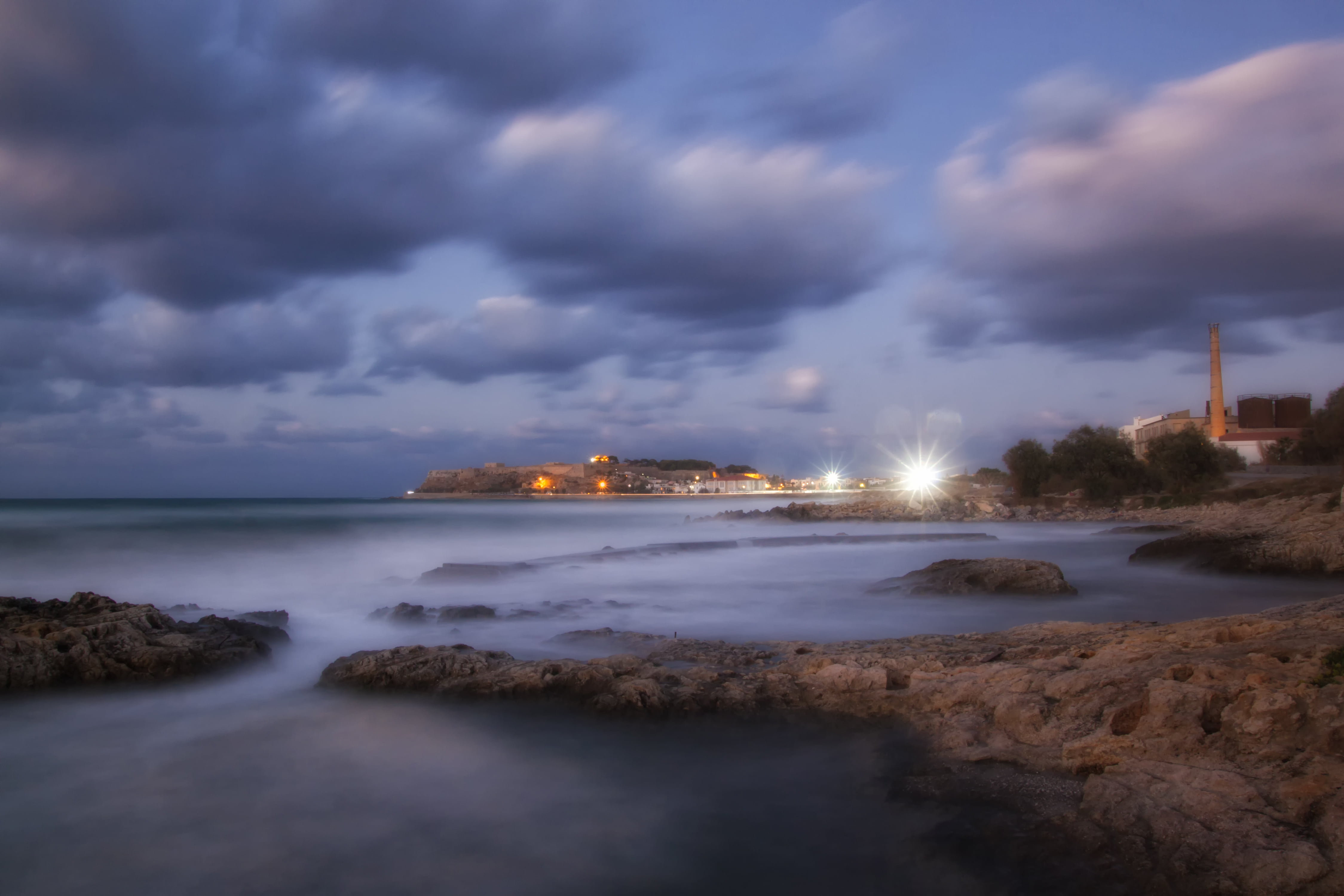 sea, beach, Κρήτη, Rethymno, dusk, fortezza, 4K, white sky, night, coastline, ουρανός, Crete, white, sky, clouds, θάλασσα, sunset, blue, rocks, photography, HD Wallpaper