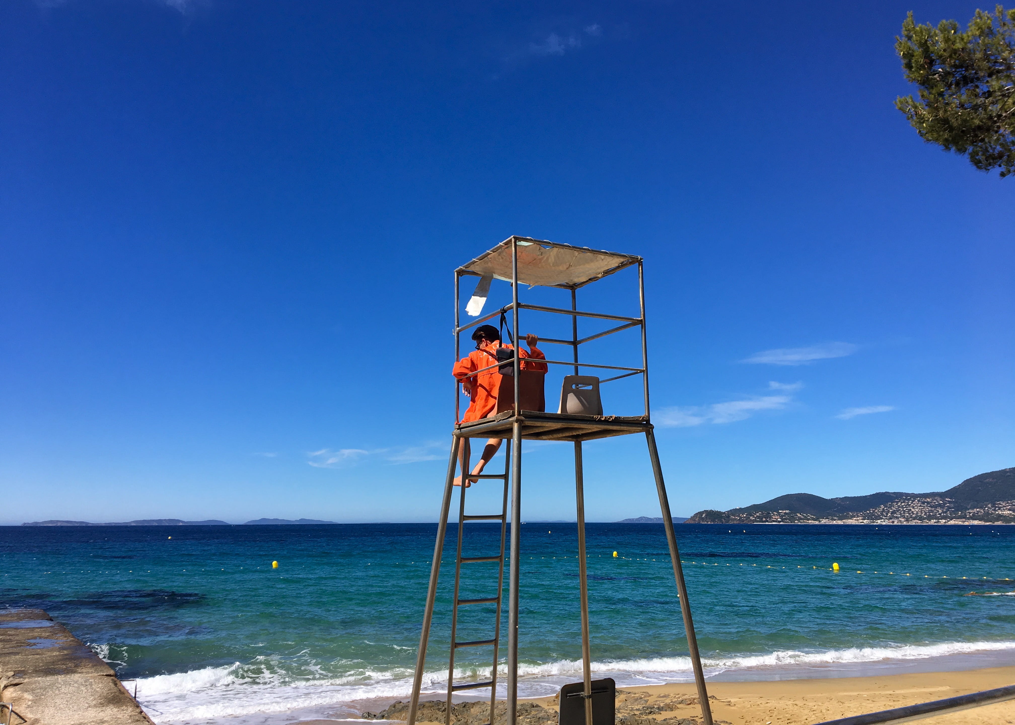 blue, lifestyles, security, standing, summer, water, one person, ladder, men, full length, outdoors, vacations, beach, côte d  azur, protection, sea, real people, HD Wallpaper