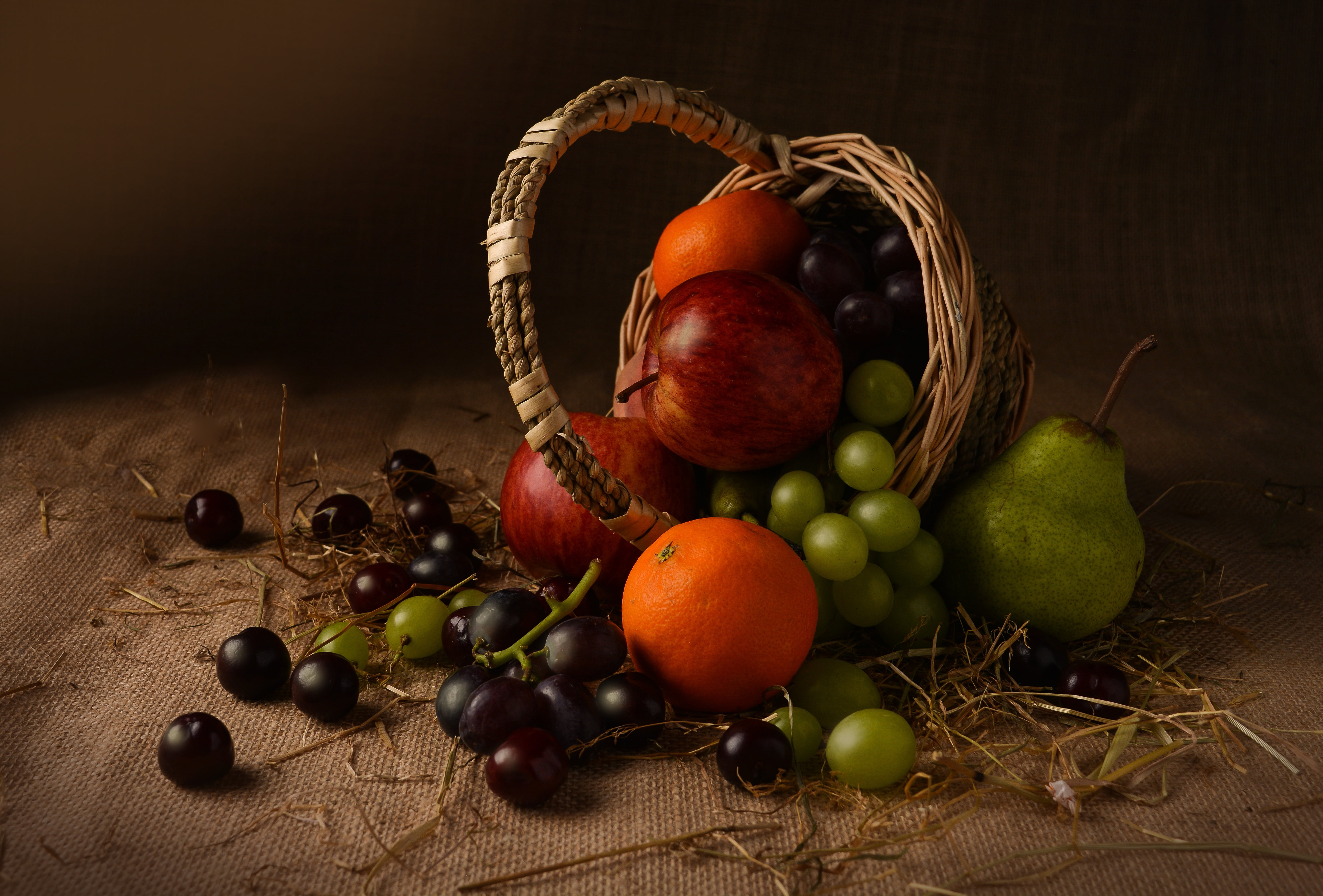 Grapes, Basket, Still Life, Fruit, Food, Apple, 5K, Pear, HD Wallpaper