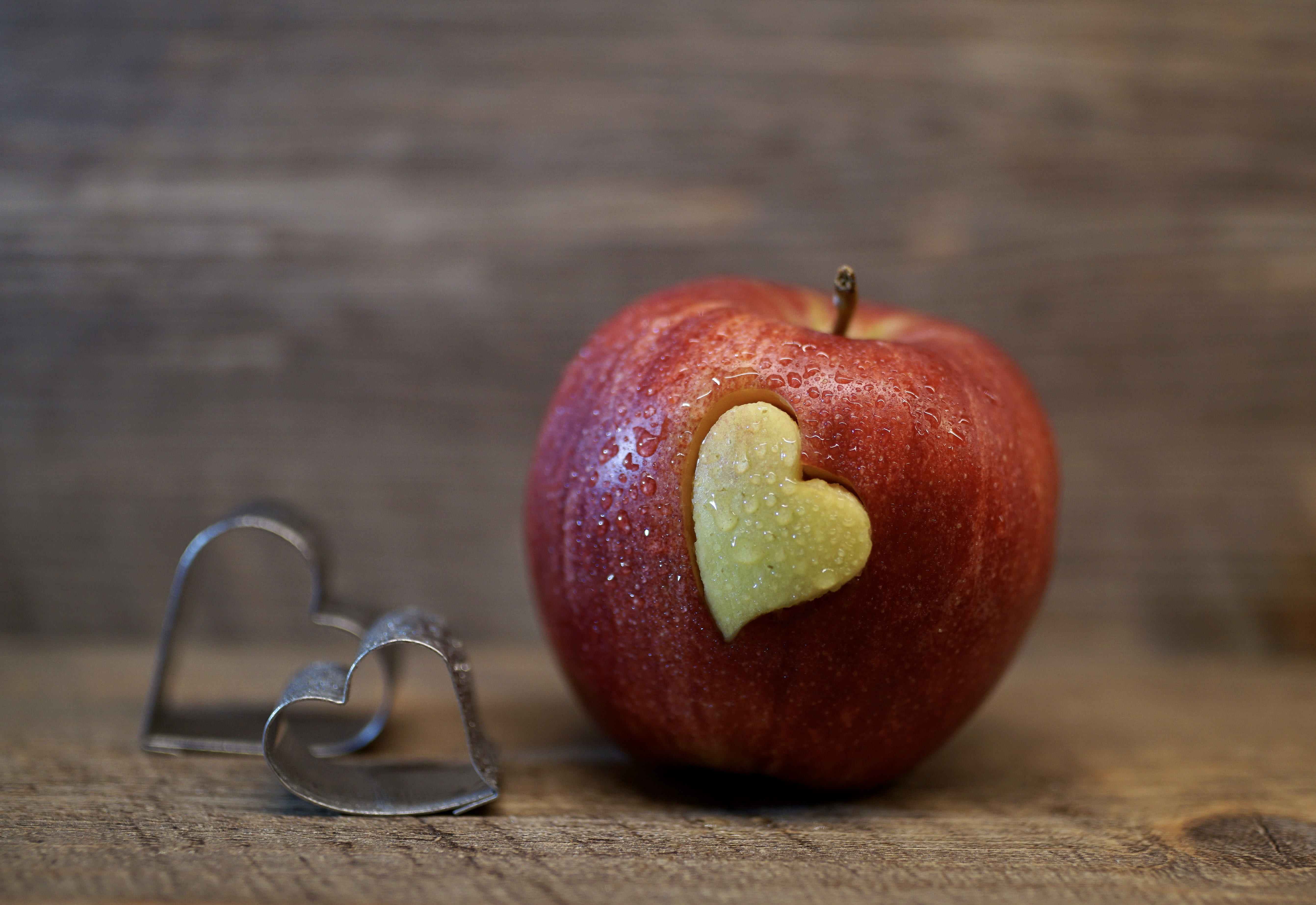 red, indoors, wood - material, freshness, close-up, mood, nutrition, apple, card greeting, studio shot, heart shape, 5K, celebration, no people, bless you, HD Wallpaper