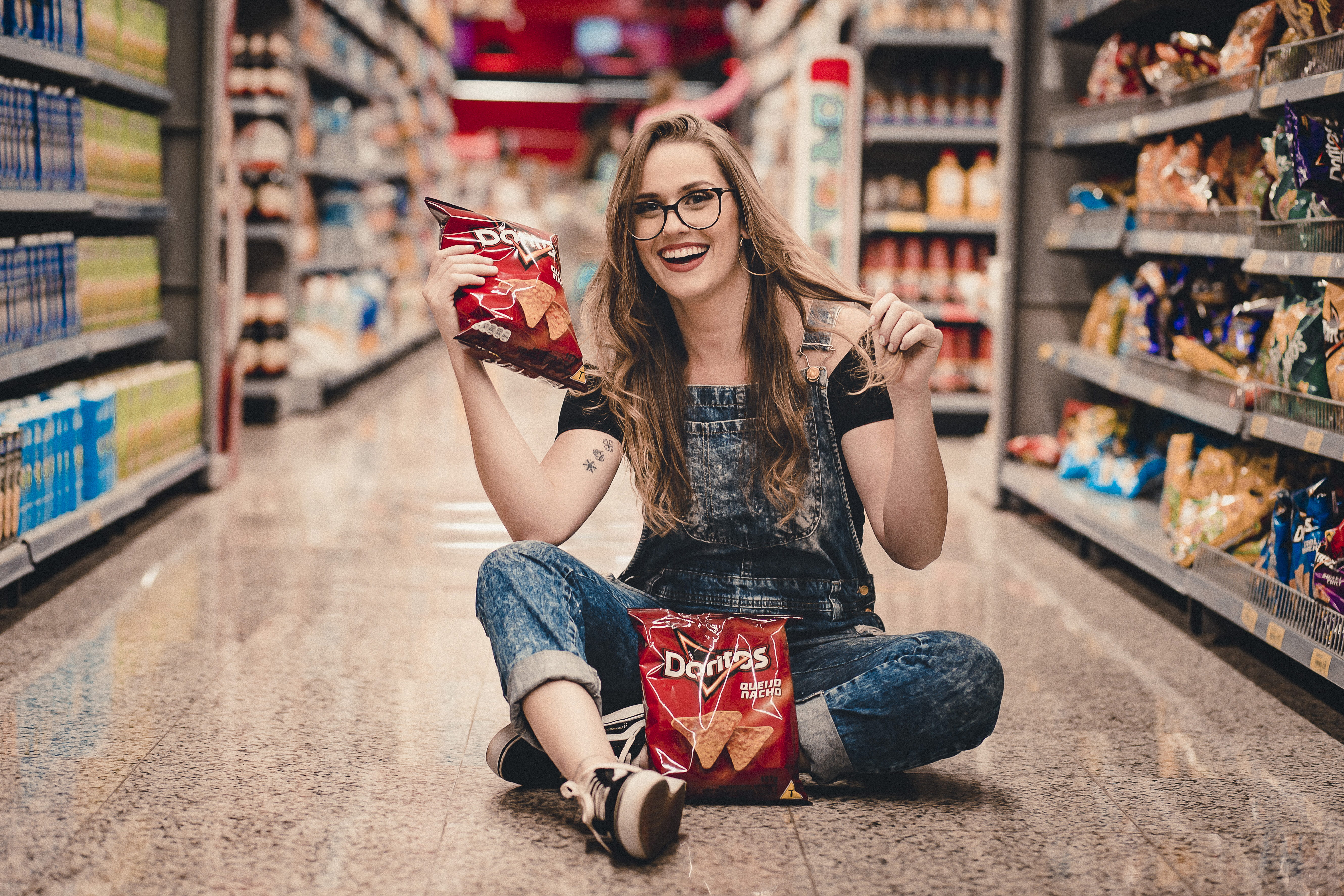 front view, fashion, young adult, casual, smiling, emotion, women, food and drink, overalls, portrait, hair, 5K, consumerism, one person, supermarket, HD Wallpaper