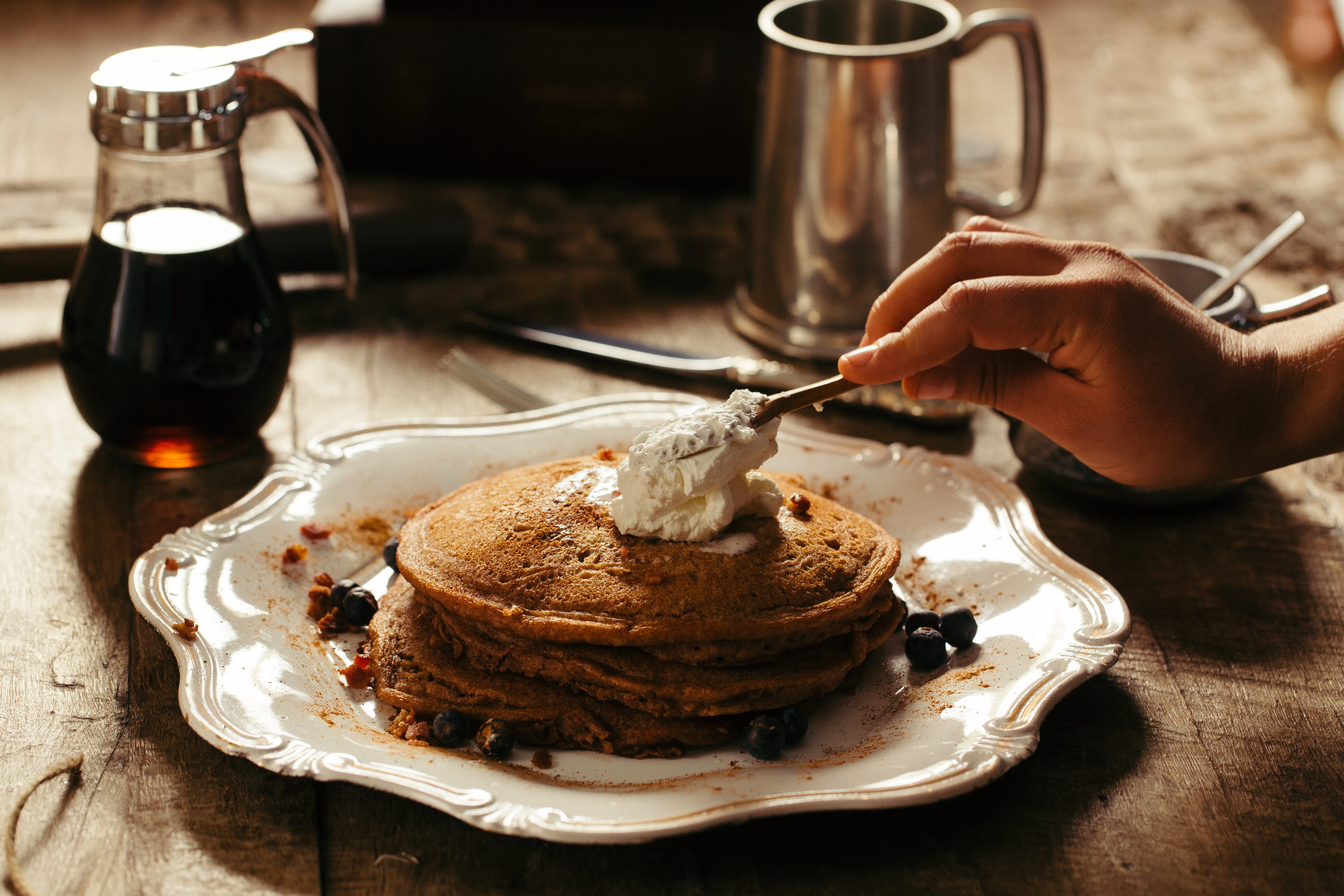 indulgence, eating utensil, bread, dessert, meal, white, sweet, one person, 5K, ready-to-eat, breakfast, white meat, plate, crockery, hand, pancake, ceramic, HD Wallpaper