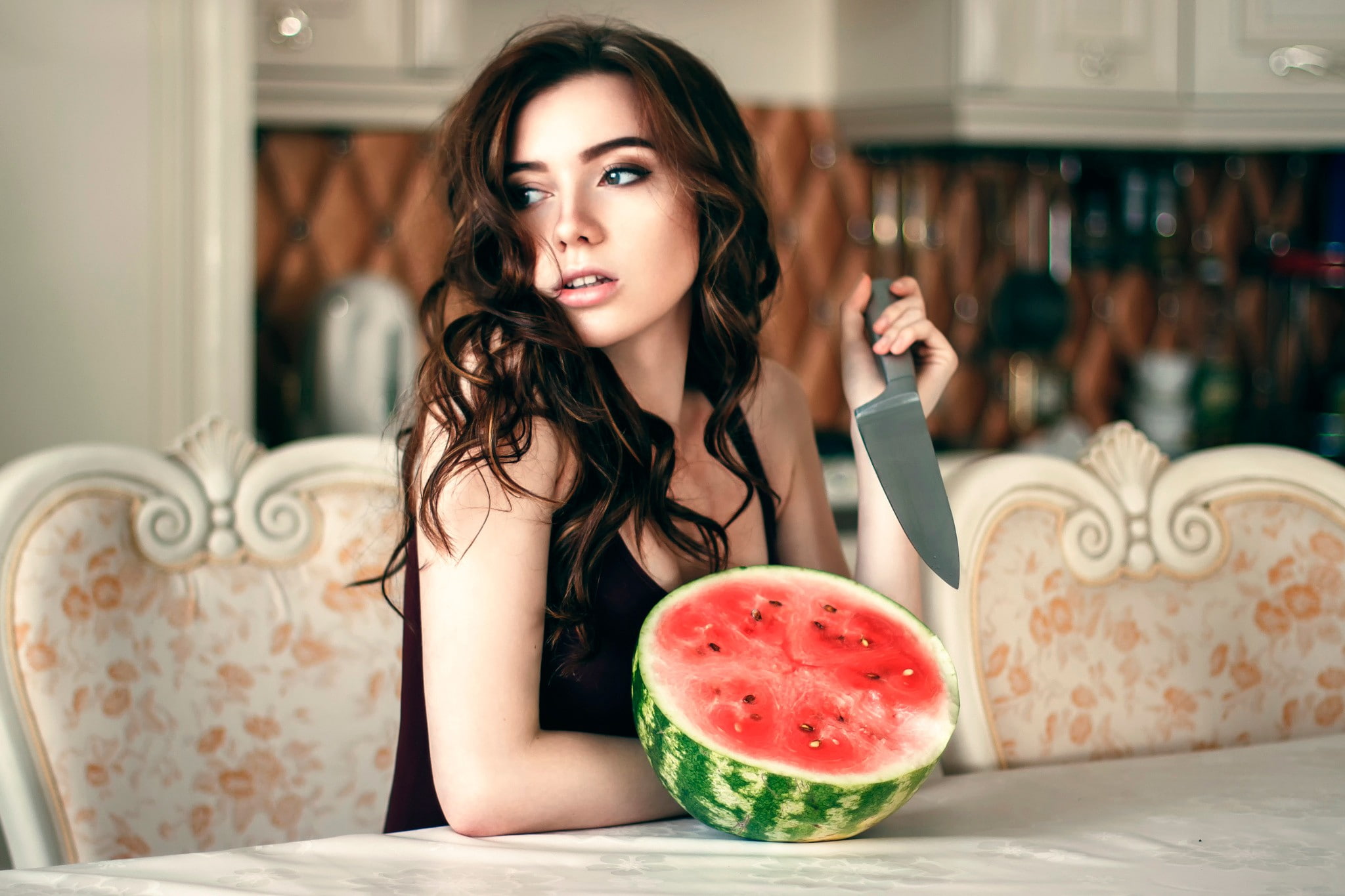 1080P, knife, watermelons, women, HD Wallpaper