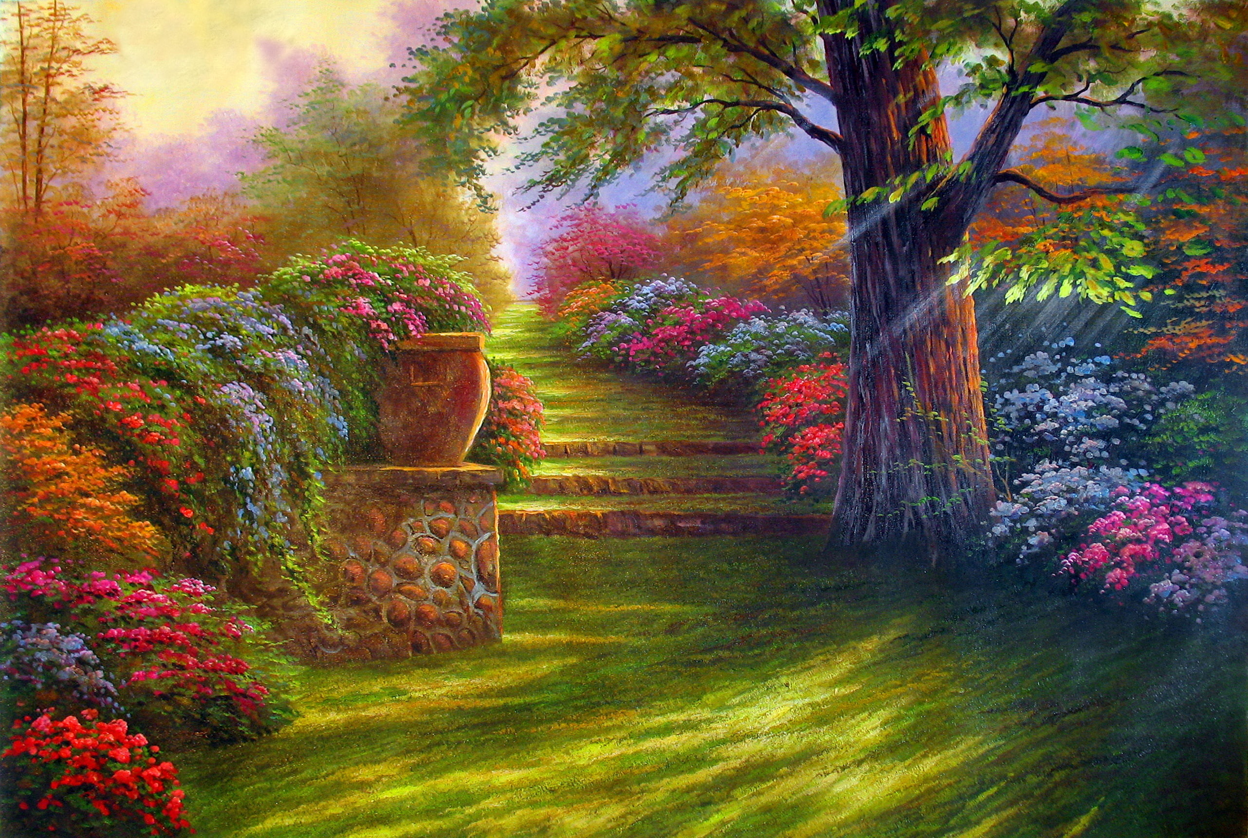 landscaped, steps, environment, colors, grass, flowers, change, 2K, season, vibrant Color, painting, scenics - nature, rural Scene, tree, nature, green Color, HD Wallpaper
