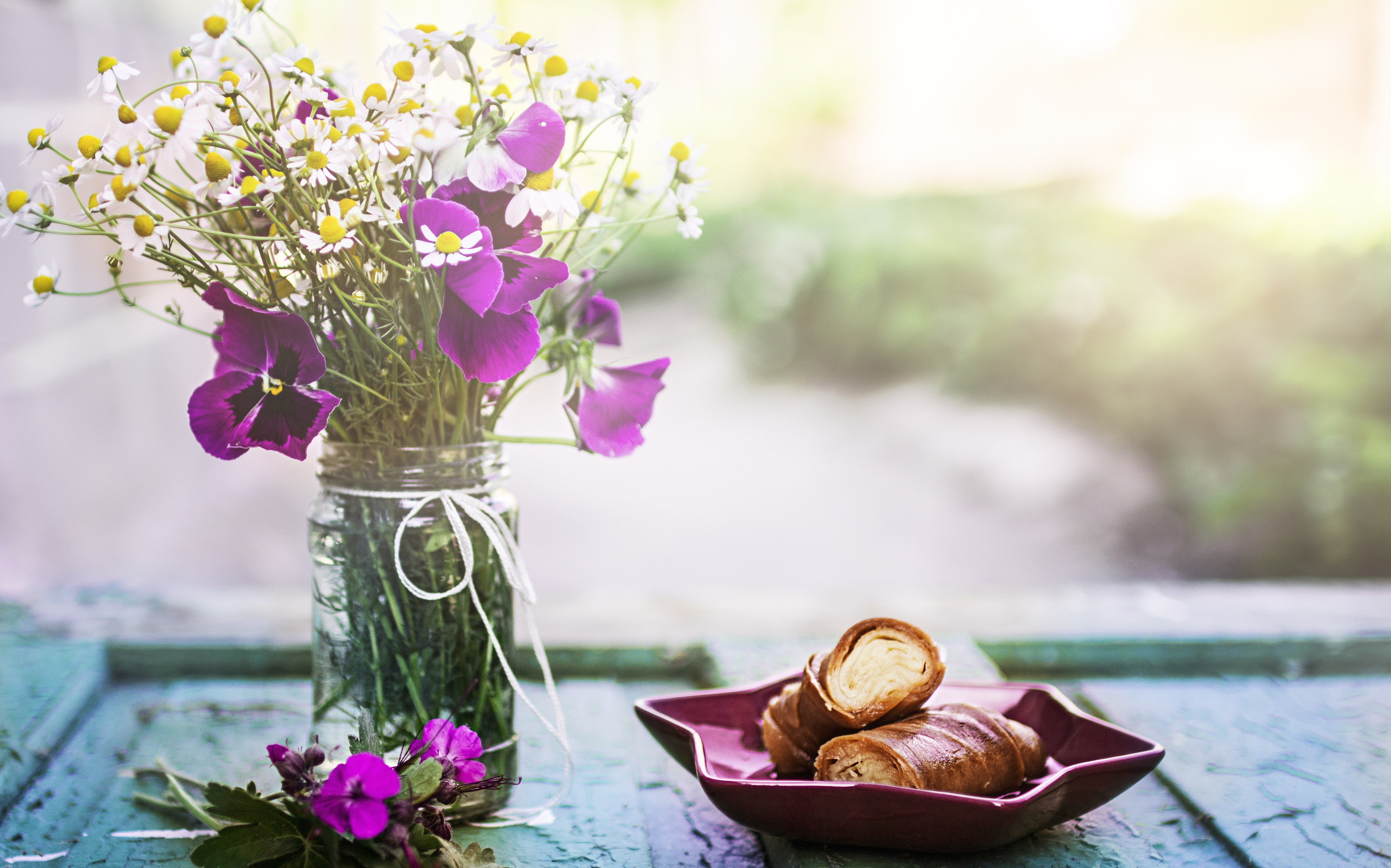 plant, 4K, container, vases, water, beauty in nature, still life, nature, food, table, outdoors, decoration, no people, close-up, bouquet, plants, purple, HD Wallpaper