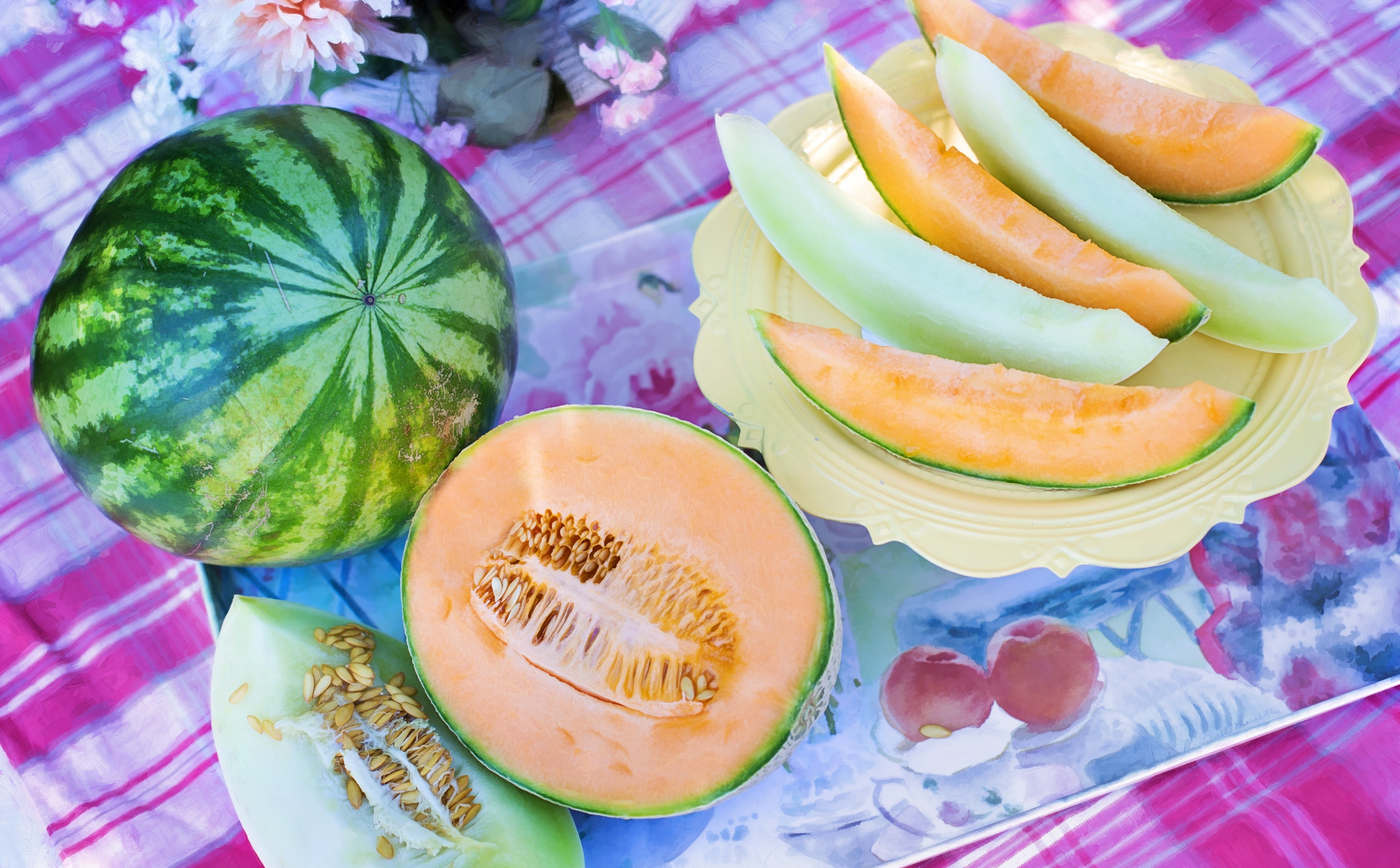 indoors, melons, no people, snack, Watermelon, bowl, cross section, temptation, food and drink, vitamin, passion fruit, organic, 5K, tablecloth, refreshing, HD Wallpaper