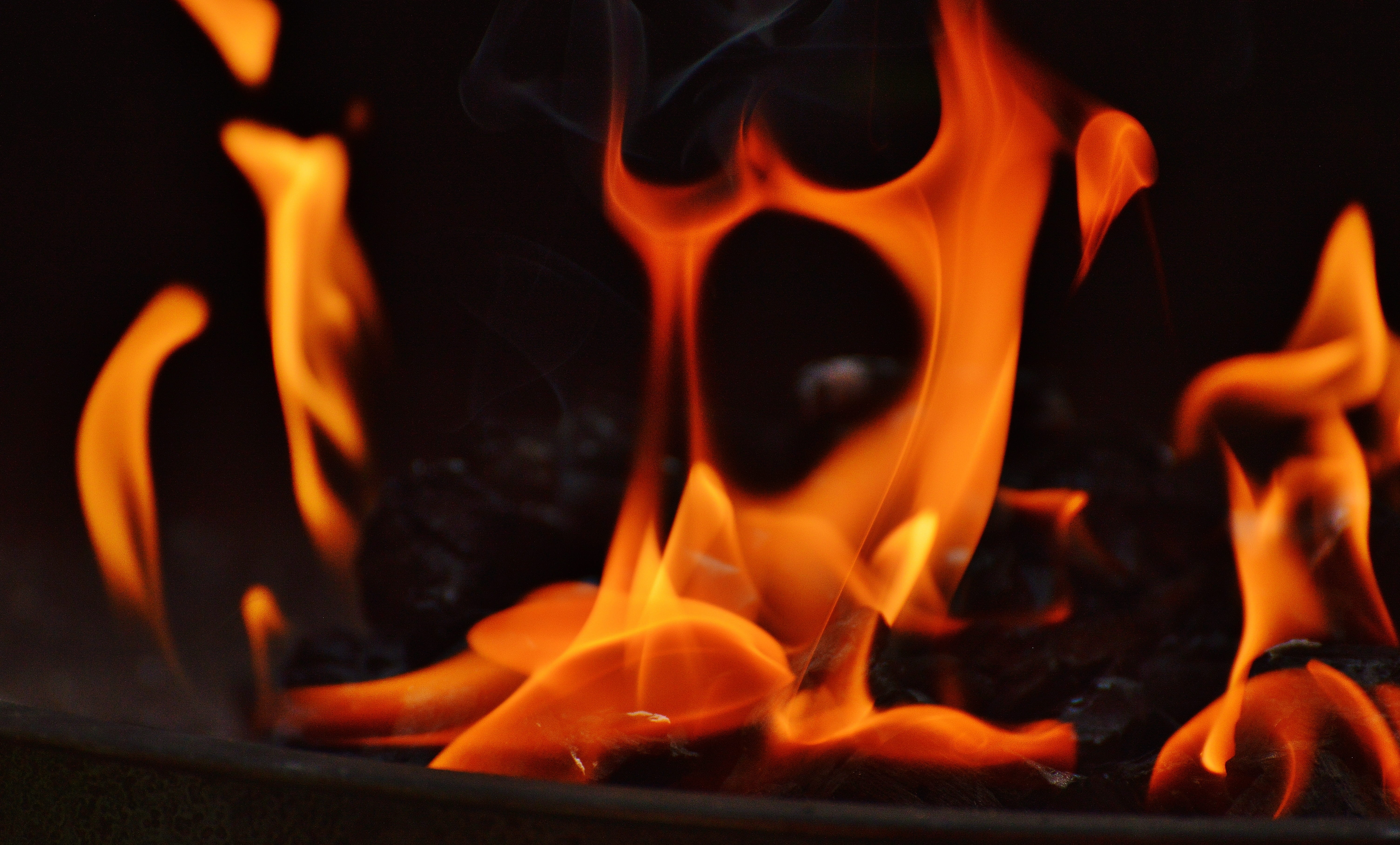 blaze, no people, wood, indoors, fire - natural phenomenon, campfire, coal, food, orange, close-up, inferno, embers, flame spirit, glowing, kitchen utensil, HD Wallpaper