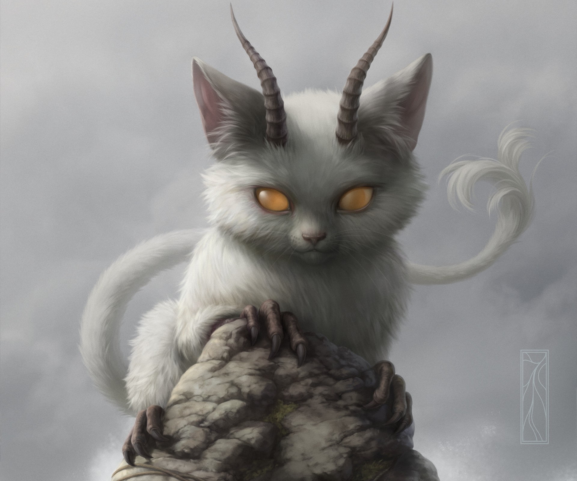 cat, rock, 1080P, kitten, horns, the demon, animal, stone, white, HD Wallpaper