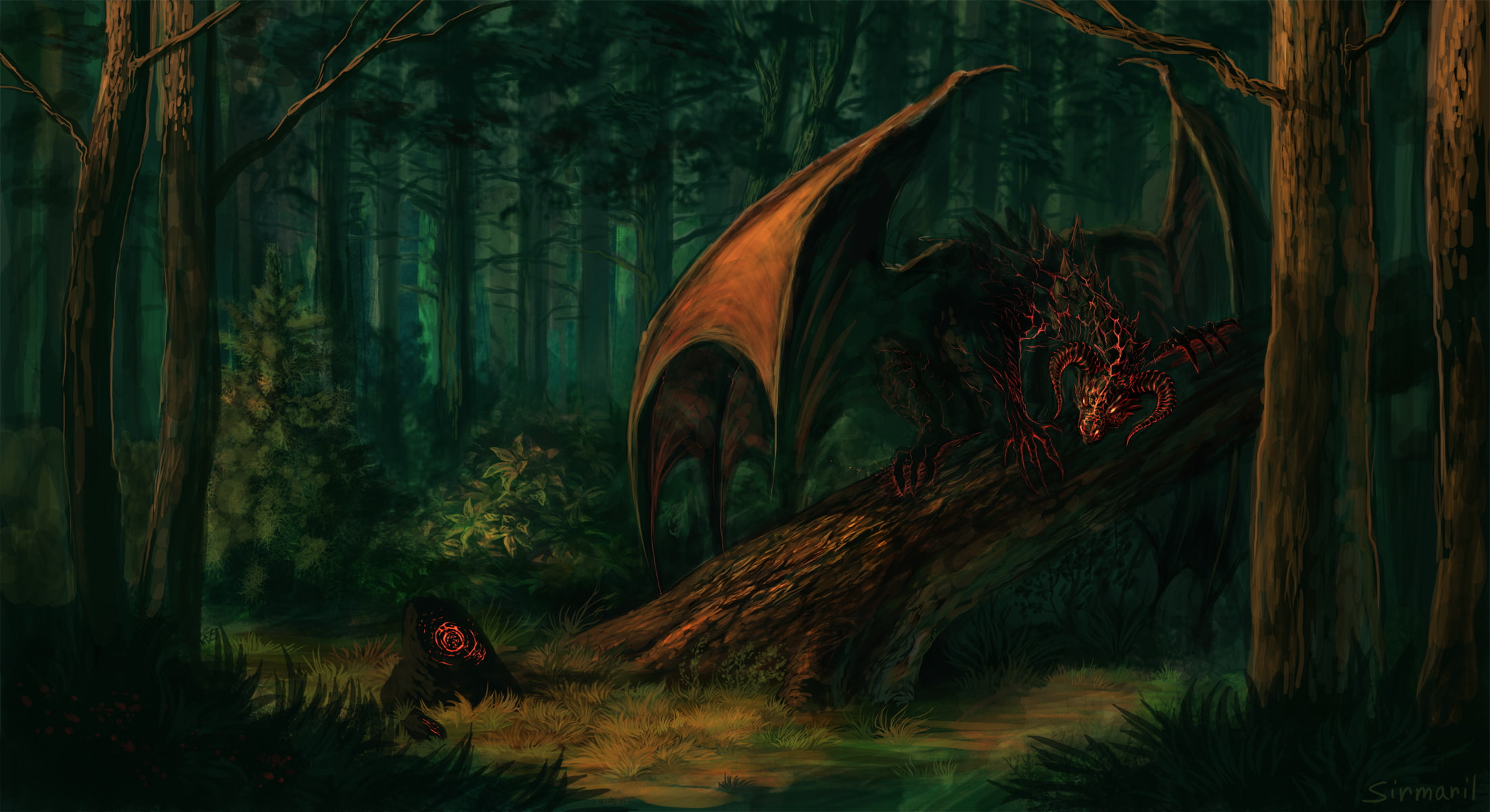 wings, horns, fiction, trees, art, forest, 1080P, look, the demon, stone, HD Wallpaper