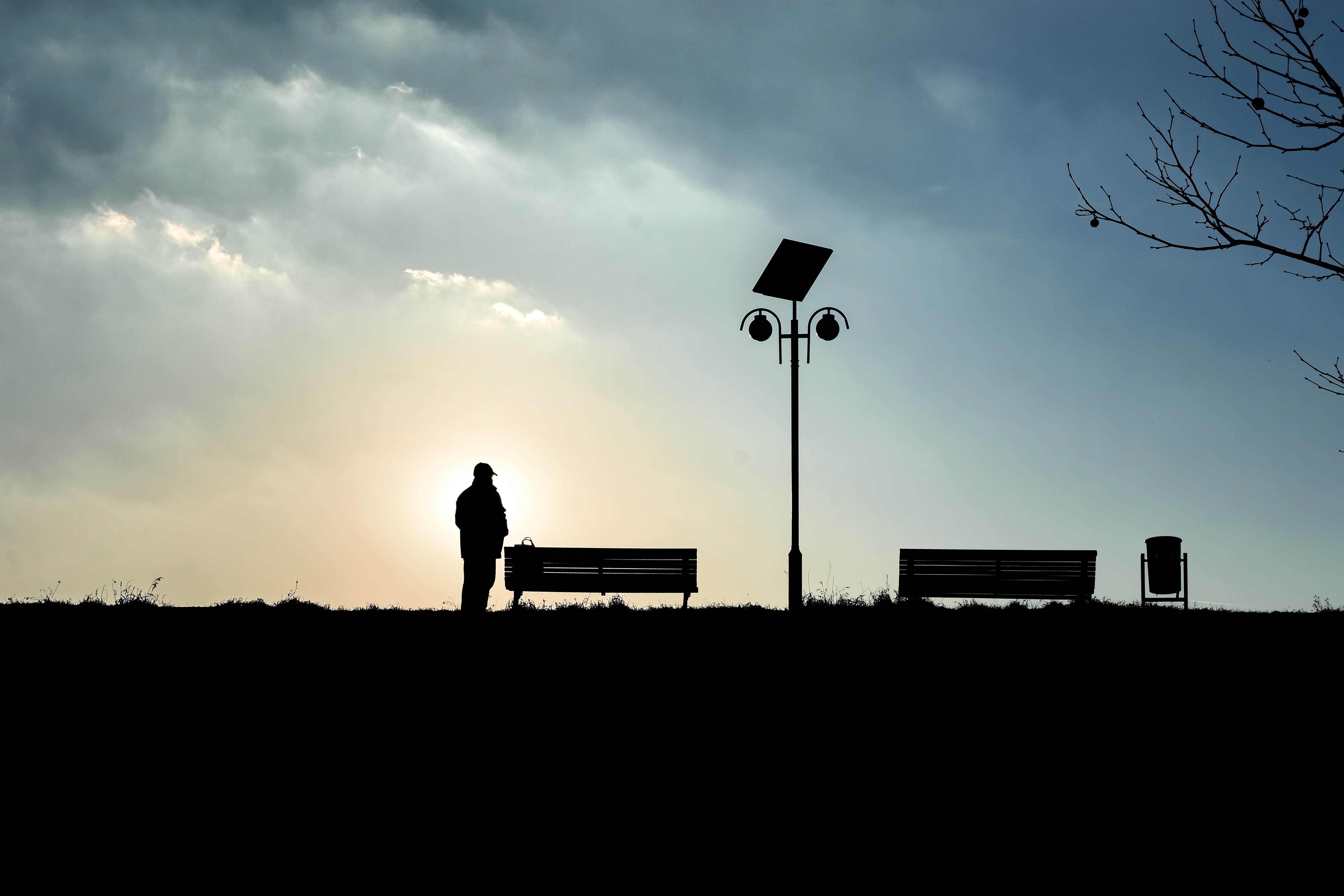 cloud - sky, Single, standing, 5K, street, sunset, architecture, looking, black, leisure activity, one man only, Man, city, model, dusk, casual, outdoors, HD Wallpaper