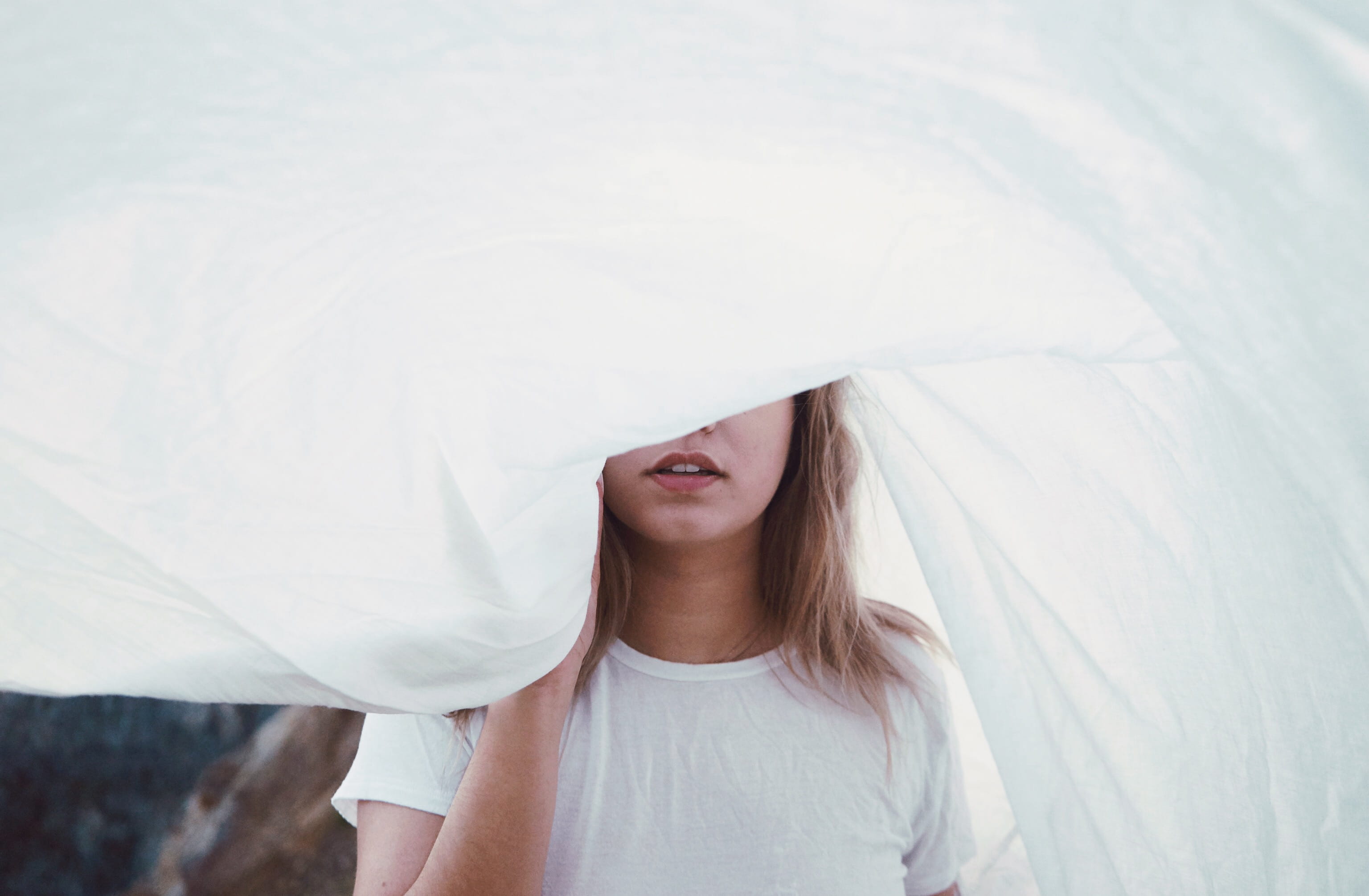 facial Expression, blonde, Who I am, front view, white, white color, image Technique, woman, bed, linen, sheet, one Person, women, human body part, teenager, HD Wallpaper