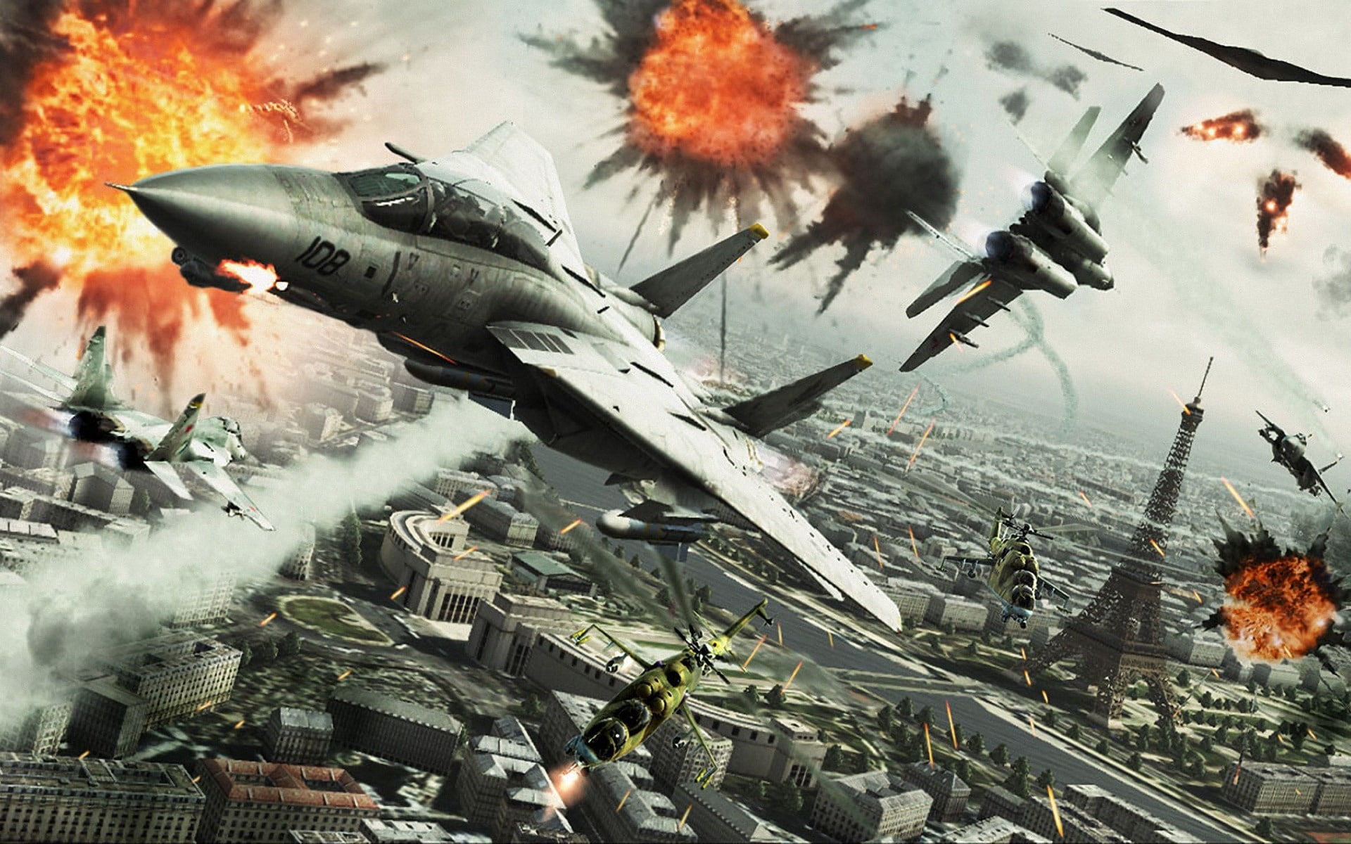 combat, city, paris, jet, explosion, military, france, airplane, ace, fighter, battle, aircraft, plane, fire, tower, game, eiffel, 1080P, HD Wallpaper