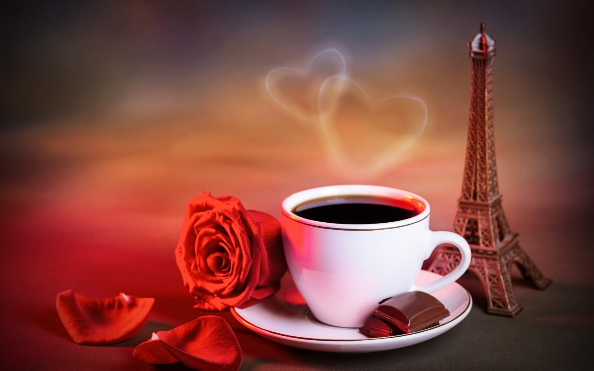 freshness, flower, 1080P, snack, eiffel, crockery, red, petals, nature, focus on foreground, rose, beauty in nature, coffee, plant, flowers, still life, HD Wallpaper