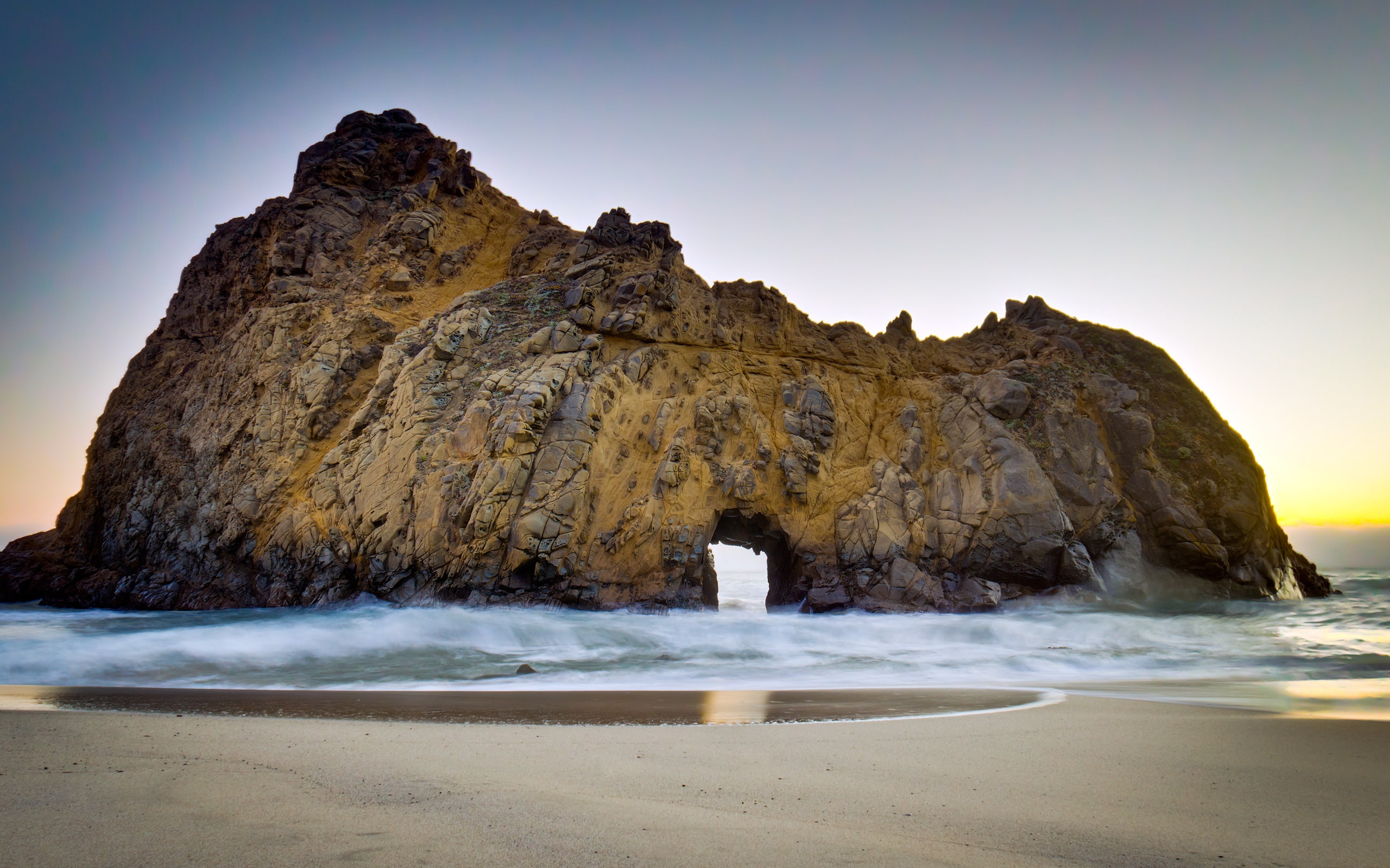 sand, ocean, pfeiffer, rock, 2K, sunset, beach, water, rocks, sea, HD Wallpaper