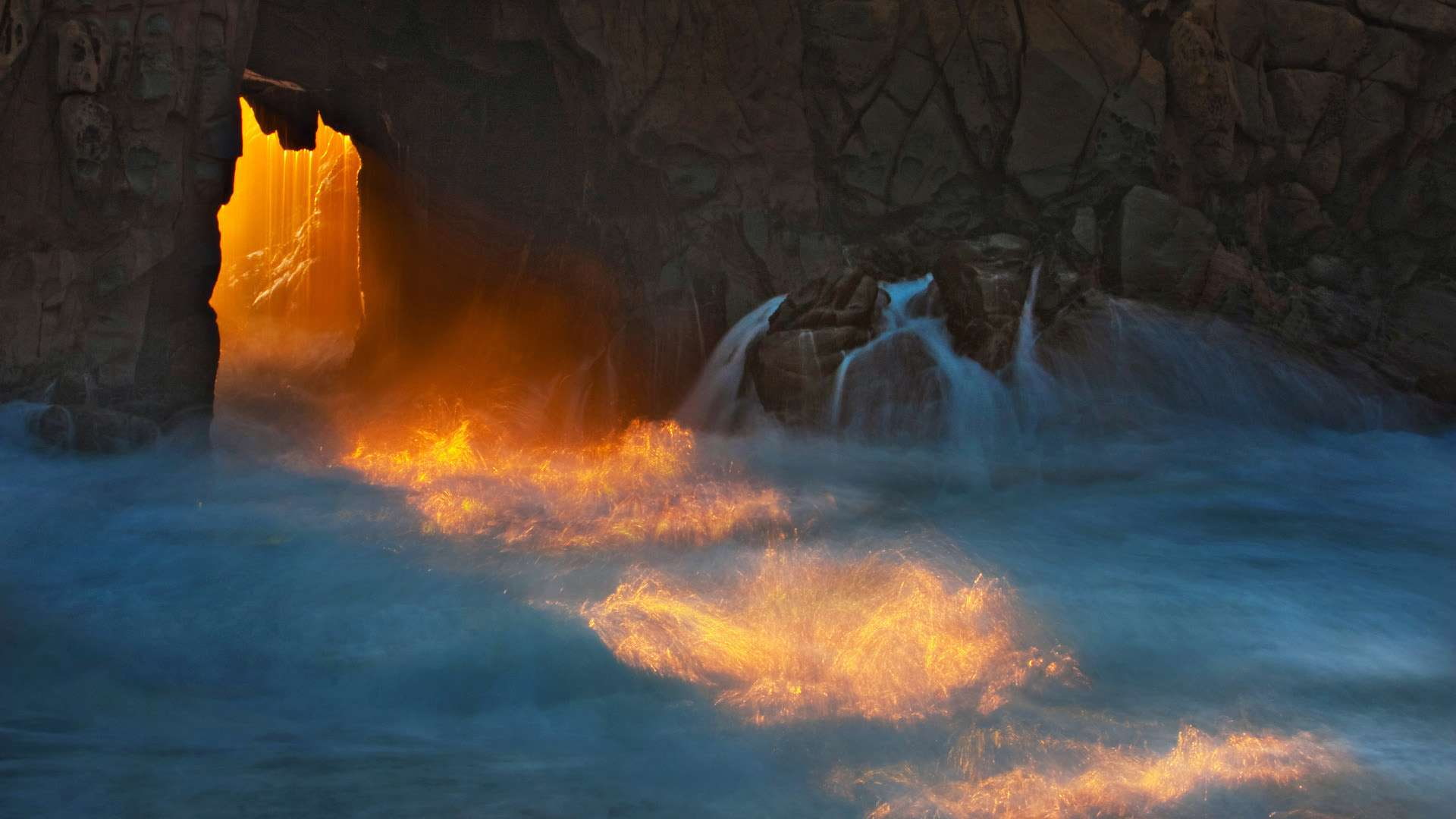 waterfalls, california, sun, pfeiffer beach, water, beach, pfeiffer, hd, cave, bodies, 1080P, waves, HD Wallpaper