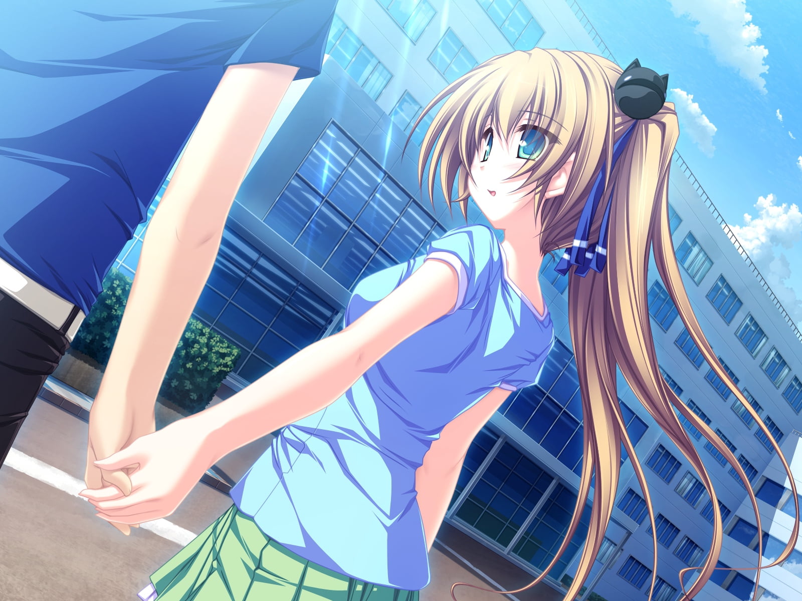 young adult, anime, building, built structure, young women, building exterior, female, blue, blond hair, beautiful woman, modern, hisagihara ui, office building exterior, HD Wallpaper