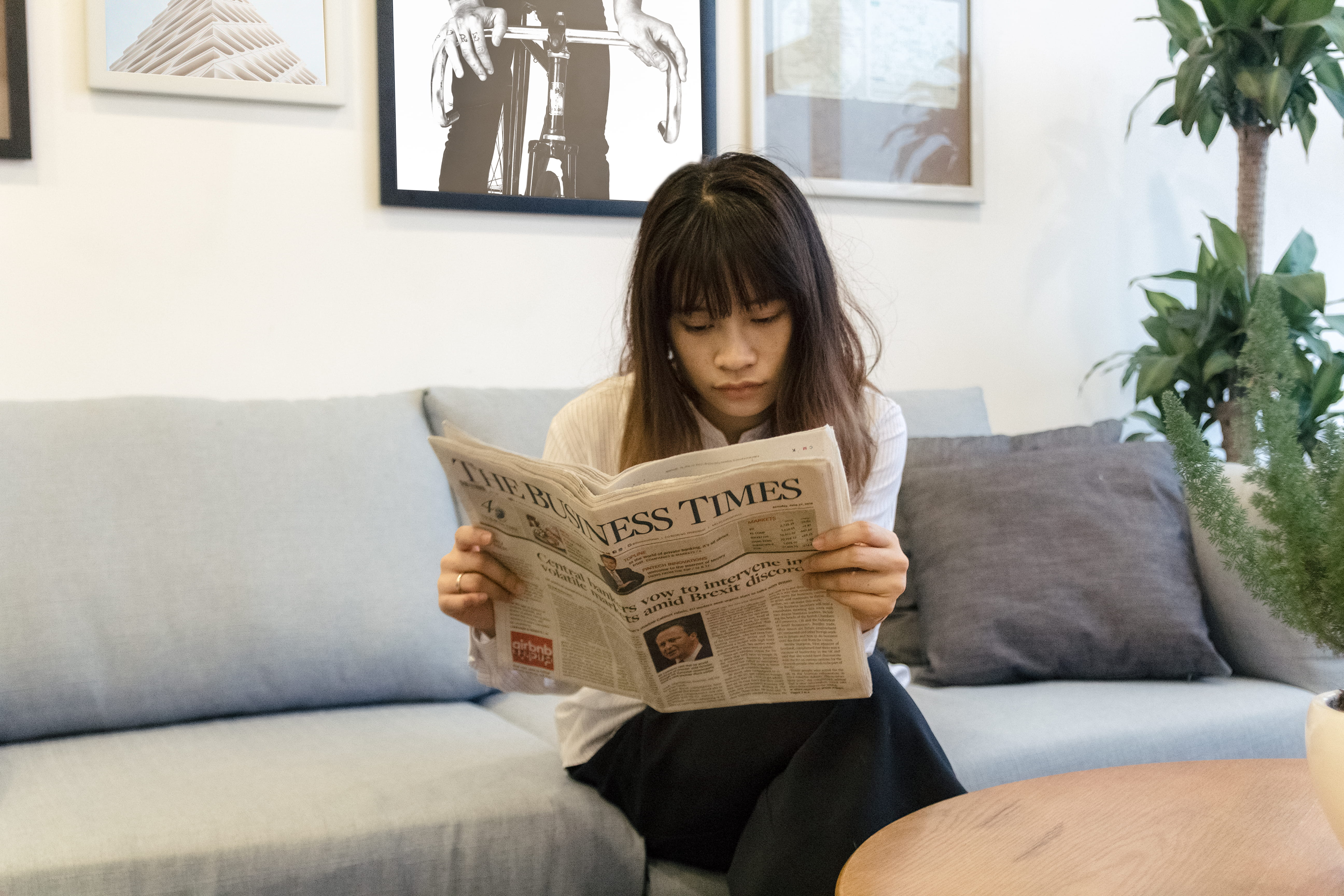 front view, domestic room, young adult, newspaper, indoors, three quarter length, furniture, holding, lady, house, asia girl, casual clothing, news paper, HD Wallpaper