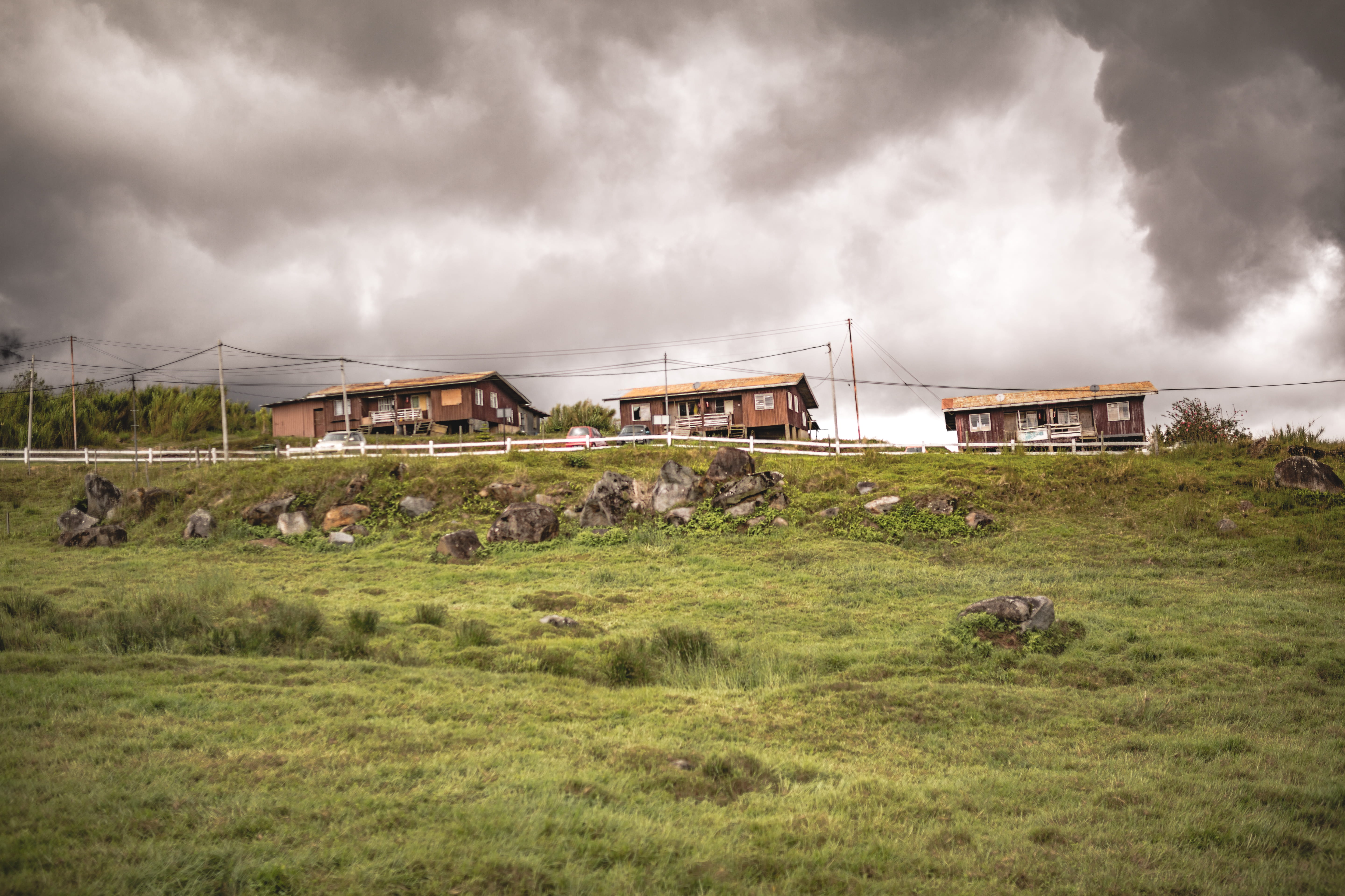outdoors, no people, dark, animal, rural, day, countryside, nature, building, car, grass, house, storm cloud, houses, grassland, transportation, 5K, cloud - sky, HD Wallpaper