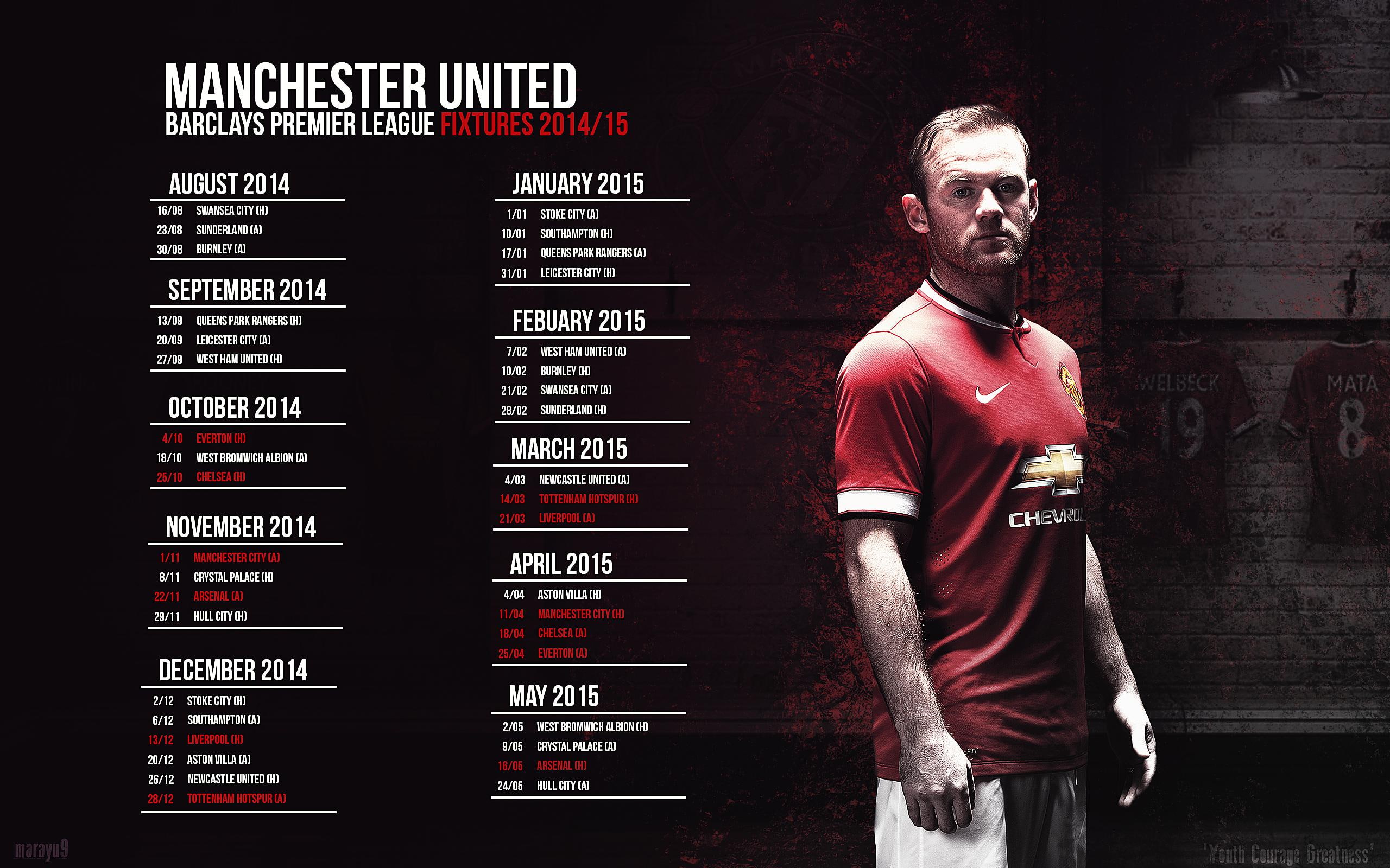 league, 2K, united, wayne rooney, fixtures 2014/15, barclays, premier, manchester united, fixtures, manchester, HD Wallpaper