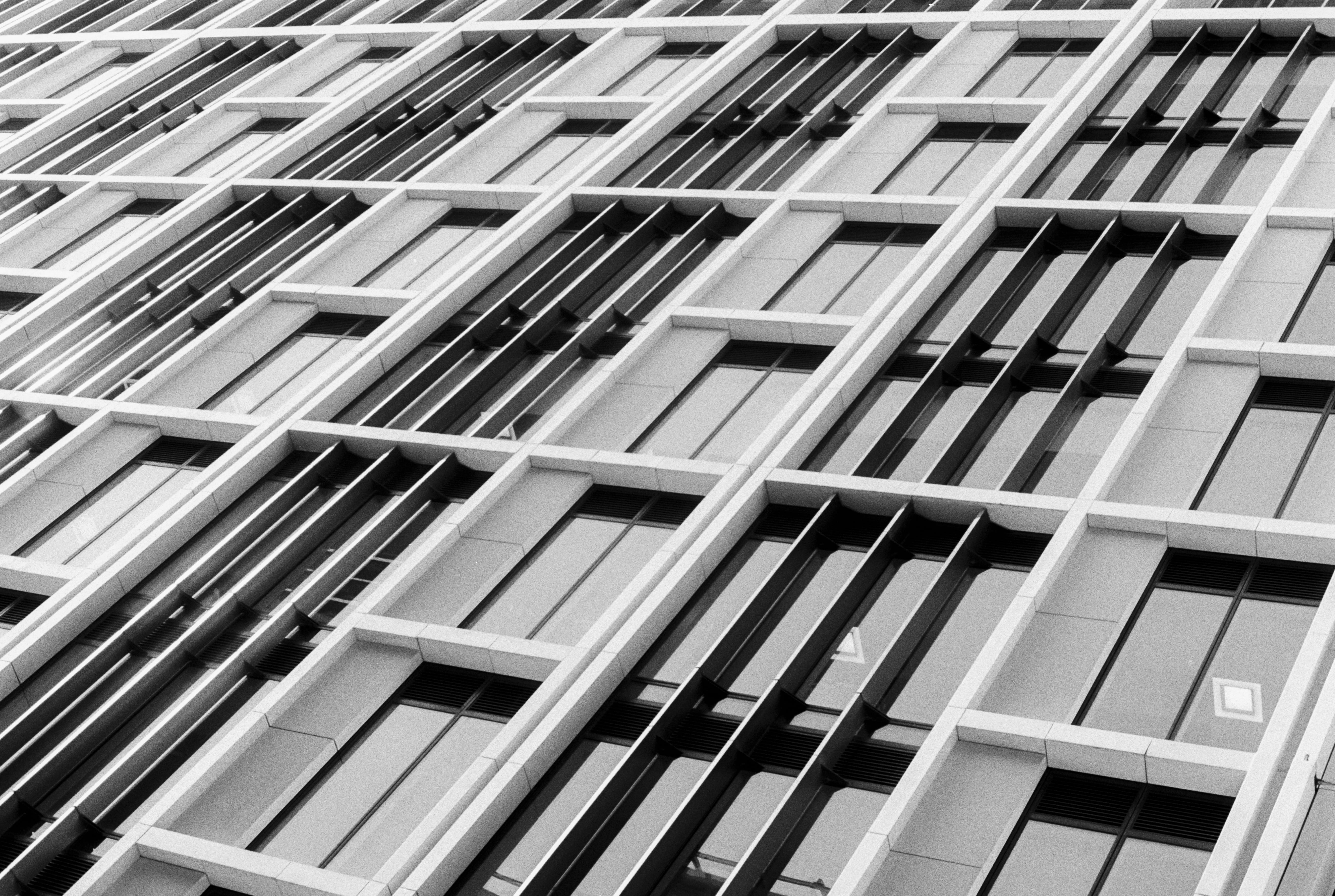 office building exterior, full frame, black and white, open, buildings, in a row, outdoors, glass, cityscape, building exterior, city, repetition, window, HD Wallpaper