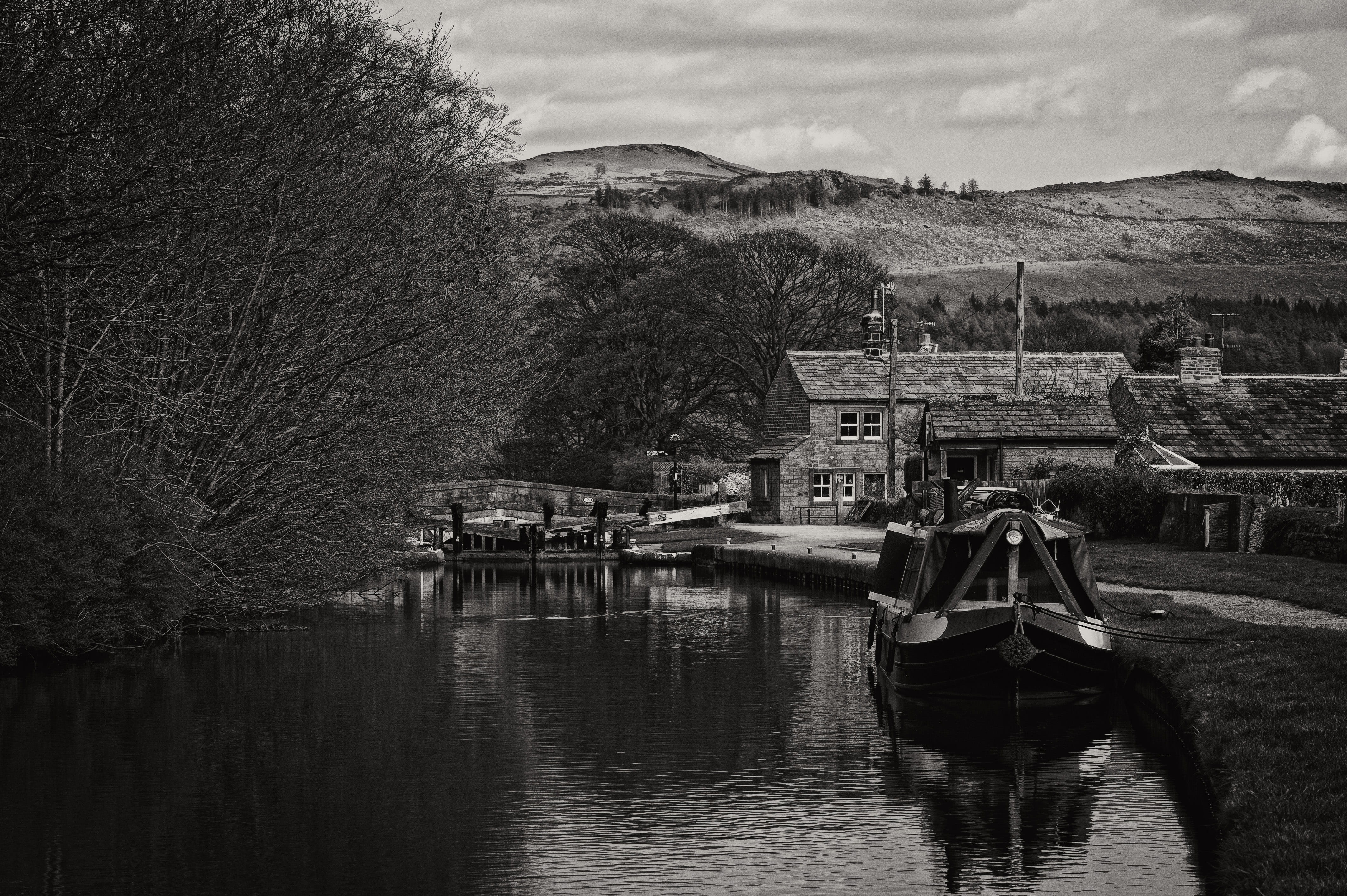 scenics - nature, barge, cloud - sky, waterfront, nature, longboat, narrowboats, 4K, canal, black, narrow boat, tree, plant, no people, nautical vessel, HD Wallpaper