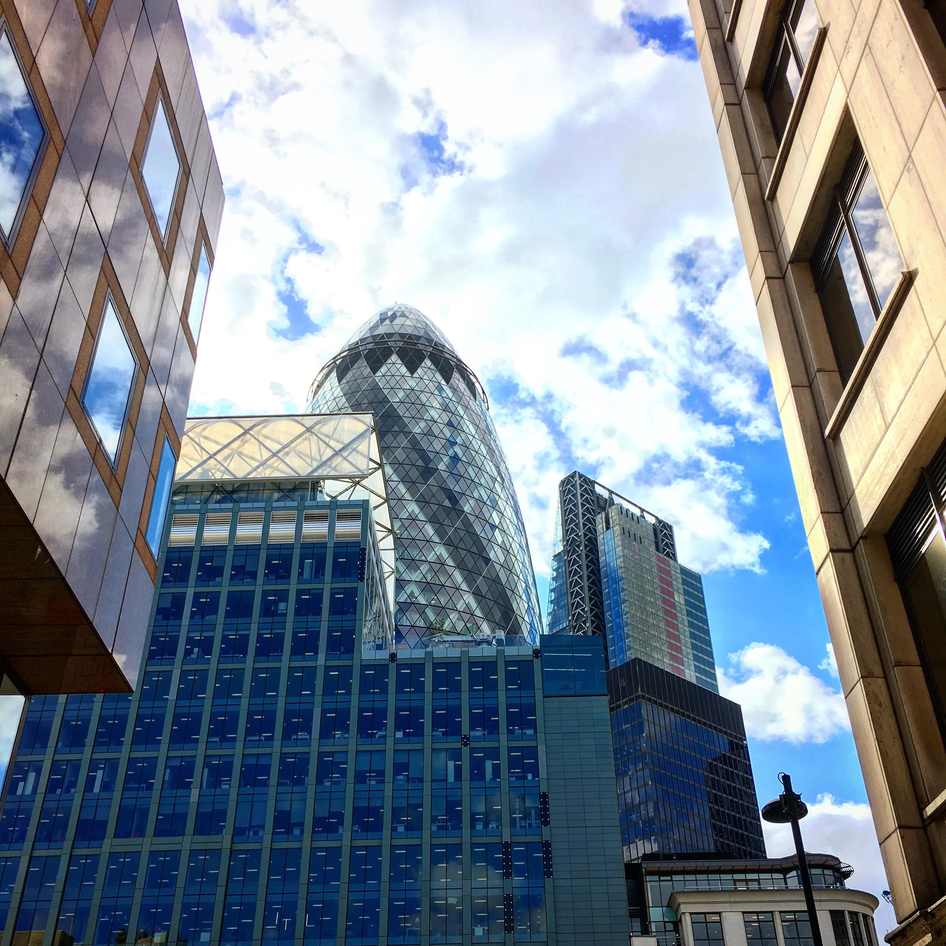 sky, capital, gherkin, city, cityscape, financial district, britain, nature, City, day, travel destinations, Gherkin, low angle view, tall - high, modern, Phone HD Wallpaper