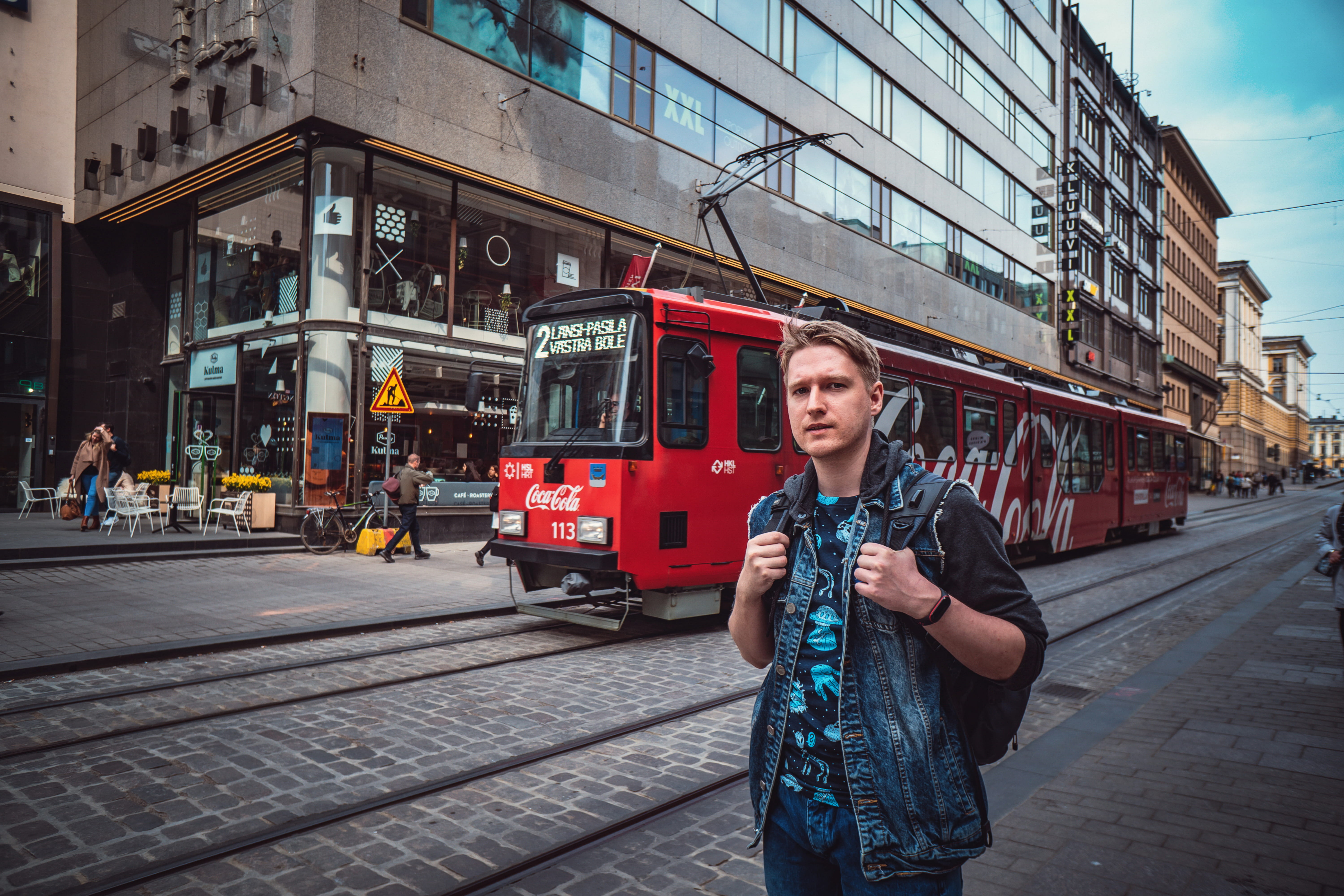 tram lines, young adult, building exterior, public transportation, red, architecture, city street, person, built structure, portrait, tram, transportation system, HD Wallpaper