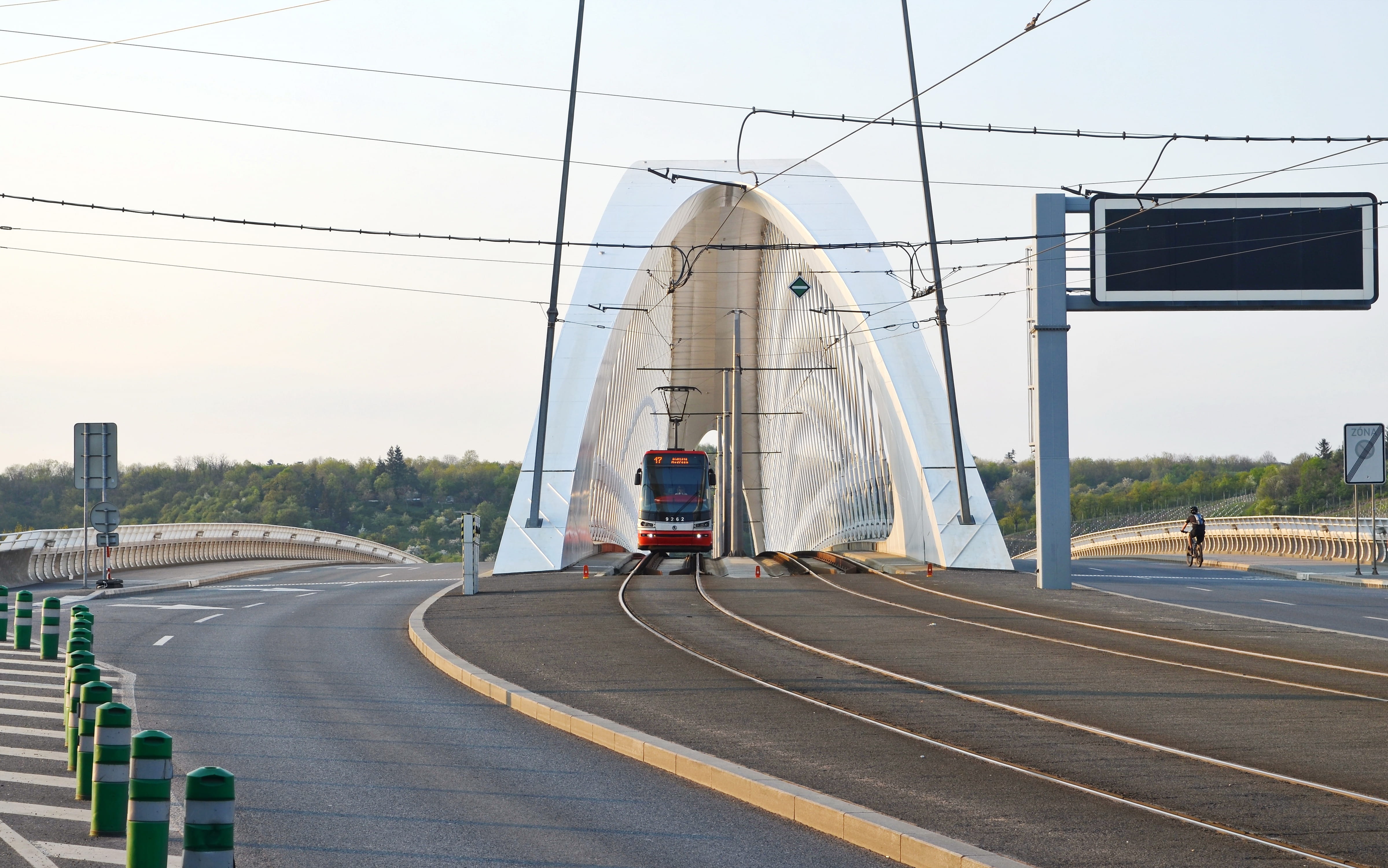 bridge, Tramway, transportation, urban, daytime, architecture, fuel and power generation, sign, semi-truck, expressway, motion, vehicle, tram lines, trucking, HD Wallpaper