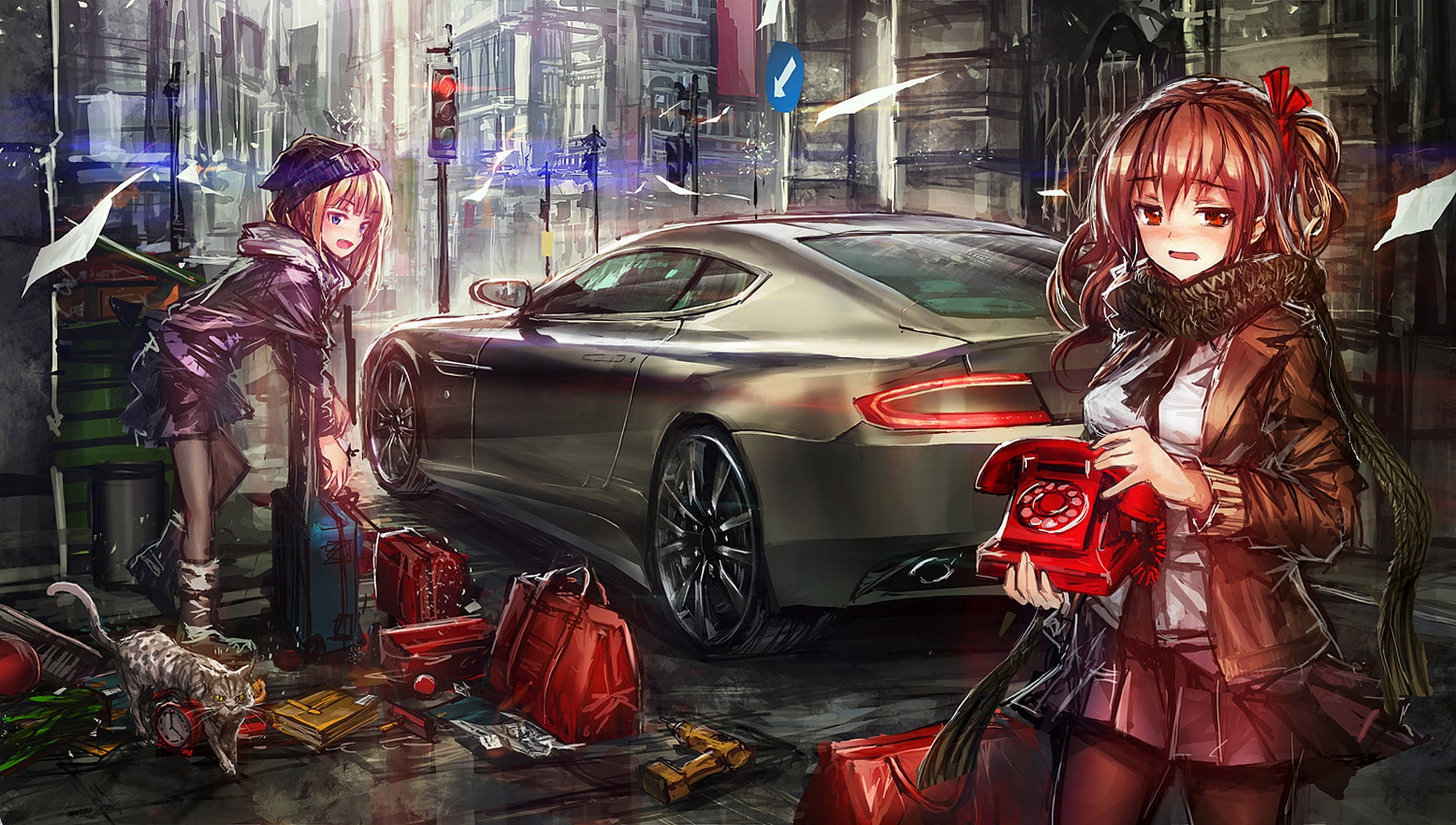 anime, roof32, telephone, red eyes, anime girls, car, vehicle, 1080P, HD Wallpaper