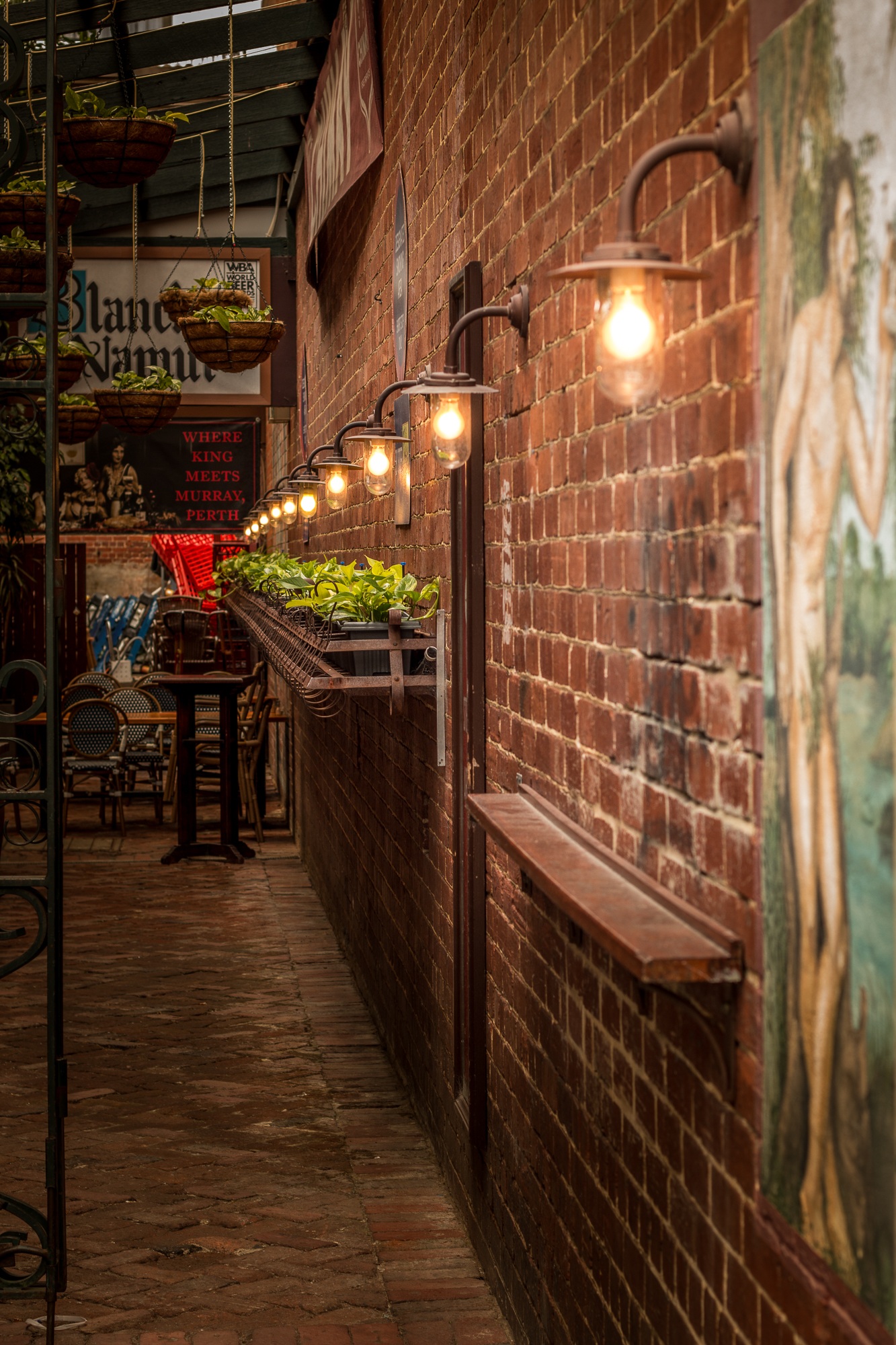 path, illuminated, green, 1080P, wall, direction, business, wall - building feature, lane, scene, architecture, urban, street light, evening, glow, food and drink, Phone HD Wallpaper